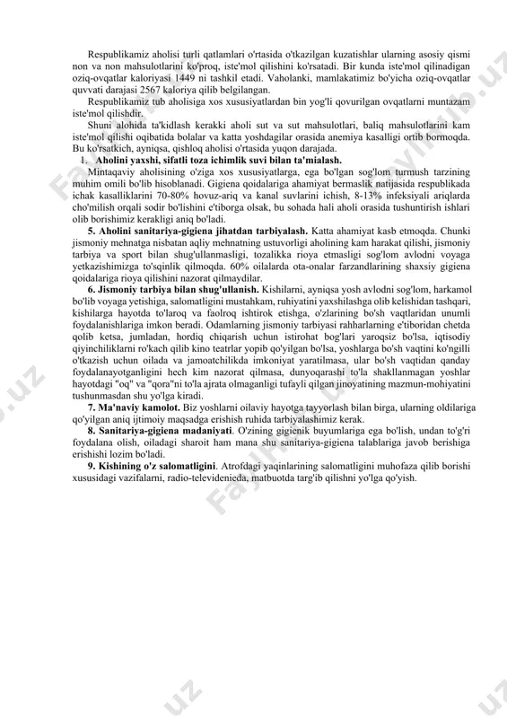 'zining rivojlanishi uchun oqsil, yog', uglevod, minerallar, vitamin-lar kabi moddalarni oladi. ana shu moddalar onada yetarli bo'lsa, ma'lum bir miqdorda bolaga ham o'tadi. bola normal yoki kam vaznli, sog'lom yoki kasal tug'iladi. bunda temir tanqisligi bilan bog'liq kamqonlikning ta'siri katta. ayol kishi organizmida bor-yo'g'i 4-5 gramm temir bioelementi bo'lgani holda homiladorlik, yo'ldosh va tug'ilish chog'ida ketgan va bolani ko'krak suti bilan boqish hisobiga 1 grammdan ko'proq fe yo'qolishi ma'lum. uni tiklash uchun esa yaxshi turmush sharoitida ona uchun 2,5-3 yil muddat kerak. yosh oilalar farzandlarning soni nechta bo'lishi kerakligi masalasiga turlicha yondoshadilar. bunday yondashuv er-xotinning ma'lumot darajasiga va ijtimoiy mavqeiga bog'liq. agar er-xotin oliy va tugallanmagan oliy ma'lumotli bo'lsalar, 2-3 farzand bo'lishini, ularning ma'lumoti o'rta yoki to'liqsiz o'rta bo'lsa, oilada 4-5 farzand bo'lishini maqbul deb bilganlar. oilani rejalashtirishni targ'ib etganda, sharq mamlakatlari tajribasidan keng foydalanish maqsadga muvofiqdir. din oilaning iqtisodiy ahvoli, yashash sharoiti yaxshi bo'lsagina farzandlarni ko'paytirishni tavsiya qiladi, sharoit …