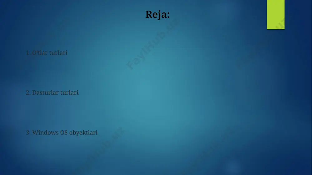 obyekti boʻlib, 1000 dan ortiq faylni oʻz ichiga olishi mumkin va ularni turli xil kataloglarda, masalan, "c:\users\documents" kabi manzillarda saqlash imkonini beradi. papkalar fayllarni guruhlash va tartibga solish uchun foydali vosita hisoblanadi. masalan, toshkent shahridagi bir kompaniyada 500 ga yaqin xodimlar uchun 50 ta alohida papka yaratilishi mumkin, bu fayllarni topish va boshqarishni osonlashtiradi. papkalarning hajmi saqlangan fayllar miqdoriga bogʻliq boʻlib, bir papkada 10 mb dan 10 gb gacha boʻlgan ma'lumotlar saqlanishi mumkin. bunday hajmlarni boshqarish uchun, masalan, "d:\ish" kabi qoʻshimcha papkalar yaratish tavsiya etiladi. grafikli dasturlar grafikli dasturlar, masalan, adobe photoshop yoki coreldraw kabi dasturlar, 256 million rangdan ortiq ranglarni qo'llab-quvvatlaydi va rasmni tahrirlash uchun 100 dan ortiq vositalarni taklif etadi, dunyo bo'ylab millionlab dizaynerlar tomonidan qo'llaniladi. grafik dasturlarining ba'zilari 3d modellashtirishni ham qo'llab-quvvatlaydi, masalan, 3ds max yoki blender kabi dasturlar, bu esa 3 o'lchovli modellarning yaratilishini va tahrirlanishini ta'minlaydi, germaniyada ishlab chiqilgan blender ochiq manbali dastur hisoblanadi. grafikli …