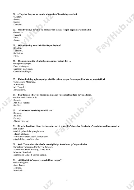 gi «bayt-ul-hikma»da ishlagan va rahbarlik qilgan buyuk alloma. +muhammad al-xorazmiy. -beruniy. -abu nasr forobiy. -ibn sino. 27. «hindiston» asarining muallifi kim? +beruniy. -ibn-sino. -forobiy. -ahmad farg’oniy. 28. birinchi prezident islom karimovning qaysi tamoyili o’rta asrlar falsafasini o’rganishda muhim ahamiyat kasb etadi? +«olloh qalbimizda, yuragimizda». - «kuch-adolatda». -«kuchli davlatdan kuchli jamiyat sari». -«kuch-bilim va tafakkurda». 29. amir temur davrida falsafa, mantiq ilmiga katta hissa qo’shgan olimlar. +sa’diddin taftazoniy, mir sayyid jurjoniy. -muhammad sharif buxoriy, mirzo bedil. -mirxond, xondamir. -kamoliddin behzod, sayyid baraka. 30. «ziji jadidi ko’ragoniy» asarini kim yozgan? +mirzo ulug’bek. -amir temur. -mirxond. -xondamir. 31. yangi davr yevropa faylasuflaridan qaysi biri hokimiyatlarni bo’linishi (qonun chiqaruvchi, ijro etuvchi, sud) tamoyillarini ko’rsatgan? +jon lokk. -f.bekon. -r.dekart. -didro. 32. xviii asr fransuz milliy falsafa maktabi vakillarini aniqlang. +didro, russo. -tomas gobbs, jon lokk. -f.bekon, j.lokk. -kant, gegel. 33. «men fikr qilyapman, demak, men mavjudman» deb qaysi mutafakkir aytgan? +r.dekart. -f.bekon. -kant. -gegel. 34. …