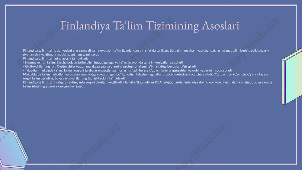 jtimoiy va iqtisodiy rivojlanishga hissa qo'shish. - xalqaro miqyosda raqobatbardosh mutaxassislar tayyorlash. oliy ta'lim tizimiga kirish shartlari: - o'rta ta'limni muvaffaqiyatli tamomlash. - kirish imtihonlarini topshirish yoki alternativ baholash tizimlariga ega bo'lish. - talabalar uchun chet tilini bilish darajasi muvofiq bo'lishi kerak. - oliy ta'lim muassasalariga qabul jarayonida ariza topshirish va zaruriy hujjatlarni taqdim etish. finlandiyada oliy ta'limning strukturasi finlandiyada oliy ta'lim muassasalari uchta asosiy turga bo'linadi: universitetlar, kollejlar va texnik maktablar. misol tariqasida, helsinkidagi universitet, oulu kolleji va turku texnik maktabi keltirilishi mumkin. oliy ta'lim dasturlari 4 ta asosiy turga bo'linadi: bakalavriat dasturlari (masalan, muhandislik), magistratura dasturlari (masalan, biznes boshqaruvi), doktorantura dasturlari (ilmiy tadqiqotlar) va professional dasturlar (masalan, tibbiyot). ta'lim usullari esa an'anaviy va zamonaviy usullardan iborat bo'lib, ularga guruhli ish, loyiha asosida ta'lim, onlayn ta'lim va amaliy mashg'ulotlar kiradi. finlandiyada oliy ta'lim va mehnat bozori oliy ta'lim va mehnat bozori o'rtasida uzviy bog'lanish mavjud. ta'lim muassasalari ish beruvchilar …