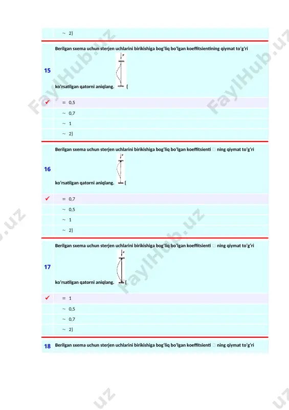 ta’siri va qo‘shimcha birgalikdagi ta’siri variantlari tuziladi va ulardan element uchun eng noqulay variant bo‘yicha hisobiy kuchlar aniqlanadi · yuklarni birgalikda ta’siri variantlari tuziladi va undan katta kuch hosil bo‘lishligi bo‘yicha aniqlanadi · doimiy va vaqtincha uzoq muddatda ta’sir etayotgan yuklardan elementda hosil bo‘ladigan kuchlarni yeg‘indisini olib aniqlanadi · doimiy va vaqtincha qisqa muddatda ta’sir etayotgan yuklardan, elementda hosil bo‘ladigan kuchlarni yeg‘indisini olib aniqlanadi.} 28 ko‘ndalang ramani kran yukiga hisoblayotganda noma’lum deb nimani qabul qilishadi:{ ( · ramani tepa tugunni siljishini · ko‘ndalang ramani tepa tugunini aylanish burchagini · tepa sharnirda hosil bo‘ladigan kuchni · ramani bitta tayanchida hosil bo‘ladigan kuchni} 29 qaysi ferma ustunlar bilan faqat sharnir orqali birlashishi mumkin?{ ( · uch burchaklik · trapetsiodal · poligonal · paralell kamarli.} 1 metall konstruksiyalar qanday xususiyatlari bilan farqlanadi?{ ( konstruktiv shakli, tayyorlash texnologiyasi va montaj metodikasi bilan materiali, tayyorlash texnologiyasi va montaj metodikasi bilan. tayyorlash texnologiyasi, transportda tashilishi va …