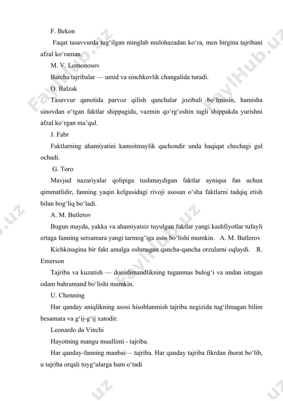 ‘ldosh, ular faktlardan oldinga o‘tolmaydi. m. gorkiy faktlar — misoli shunday narsaki, shubhagumonlar undan xuddi temirga urilib sakragan rezina koptokdek qochadi. m. gorkiy so‘zlar tizmasida nutq, ranglar yig‘indisidan muayyan qiyo- falar tug‘ilgani singari, bir-biri bilan o‘zaro bog‘langan juda ko‘p faktlarni bilishdan tom ma’nodagi yuksak bilim paydo bo‘ladi. a. m. butlerov pedagogik ilmiy tadqiqot jarayonini modellashtirish modellash – lotincha modulus – o‘lchov, me’yor – biror obyektlar tizimining obrazi yoki namunasi. bilish obyektlarni tadqiq qilish, mavjud predmet va hodisalarning modellarini yasash, tizimli o‘rganish imkonini beradi. modellashtirish metodidan hozirgi zamon fanida keng foydalanilmoqda, u ilmiy tadqiqot jarayonini yengillashtiradi, ba’zi hollarda murakkab obyektlarni o‘rganishning yagona vositasiga aylanadi. bu ayniqsa, ma vhum obyektlarni, ta’lim -tarbiya jarayonini tadqiq etishda muhim ahamiyatga ega. modellar obyekt xususiyatlarini unda sodir bo‘ladigan jarayonlarni tushuntirib berish uchun qo‘llaniladi. pedagogik ilmiy tadqiqot jarayonini, natijalarini modellashtirish, tizimli tadqiq etish, ifodalash, pedagogik va axborot texnologiyani keng joriy etilishi, ta’lim-tarbiya jarayonini serqirra murakkab, mavhum xususiyatlarini …