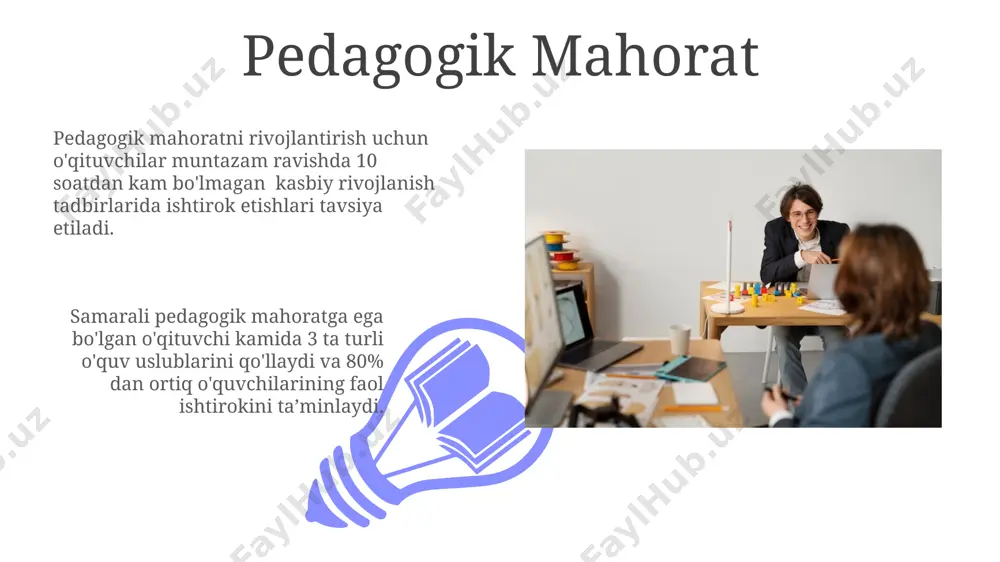 shga yordam beradi. o'quvchilarning 20% ga yaqini o'qish qiyinchiliklariga duch kelishi mumkin, shuning uchun individual yondashuv va differentsiatsiyalashgan ta'lim muhim ahamiyatga ega. kasbiy rivojlanish 01 02 kasbiy rivojlanish rejasini tuzishda, o'qituvchi o'zining kamchiliklarini aniqlab, ularni bartaraf etish uchun kamida 2 ta maqsad va 5 ta aniq strategiyani belgilashi kerak. sales 1st qtr 2nd qtr 100 0 sales 1st qtr 2nd qtr 100 0 innovatsion pedagogik yondashuvlar gamifikasiya kabi innovatsion usullar, o'quv jarayoniga 7 ta yoki undan ortiq o'yin elementlarini qo'shib, motivatsiyani oshirish va o'rganish samaradorligini 20-30% ga yaxshilashga yordam beradi. innovatsion pedagogik yondashuvlarda, masalan, “teskari sinf” metodikasida o'quvchilar 50% dan ortiq vaqtni mustaqil o'rganishga, 50% dan kamroq vaqtni esa sinfda muhokama va amaliy mashg'ulotlarga sarflashadi. jamoaviy ish muvaffaqiyatli jamoaviy ish uchun 5-7 kishilik kichik guruhlar samarali bo'lib, ular o'zaro muloqot va hamkorlikka asoslangan vazifalarni bajaradilar. jamoaviy ish pedagogik jarayonning samaradorligini 20-30% ga oshirishi mumkin, chunki u o'qituvchilar o'rtasida tajriba almashinuvini …