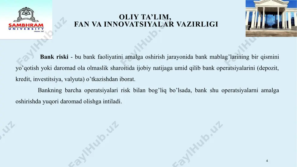 ta’lim, fan va innovatsiyalar vazirligi boshqarish imkoniyatiga ko’ra bank risklari ochiq va yopiq bo’ladi. ochiq risklarni tartibga solib bo’lmaydi. yopiq risklarni esa boshqarish mumkin. yopiq risklar diversifikatsiya siyosatini o’tkazish yo’li bilan tartibga solinadi. ya‘ni bunda bank operatsiyalari umumiy hajmini saqlash maqsadida bir necha mijozlarga berilgan kreditlarni kichik summalarda keng miqyosda taqsimlash yoki yirik kreditlarni konsortsional asosda berish; depozit sertifikatlarini joriy qilish; qayta hisobga olish operatsiyalarini kengaytirish, kredit va depozitlarni sug’urtalash amalga oshiriladi. banklarda mijoz tanlashga yuzaki qaralib, iqtisodiy nobaqaror va likvidligi past subyektlarni kreditlashga ustunlik berilganda balanslashmagan likvidlilik riski paydo bo’ladi. 13 oliy ta’lim, fan va innovatsiyalar vazirligi fond riski – qimmatl qog’ozlar portfelidagi instrumentlarning bozor narxlaridagi salbiy o’zgarish natijasida bankda yuzaga keladigan moliyaviy yo’qotish bilan bog’liq tavakkalchilik; valyuta riski – chet el valyutasi va qimmatbaho metallarning ochiq pozitsiyalari bo’yicha shu chet el valyutalari kurslari va qimmatbaho metallar baholarining o’zgarishi natijasida bankda yuzaga keladigan moliyaviy yo’qotish bilan bog’liq tavakkalchilik; foiz …