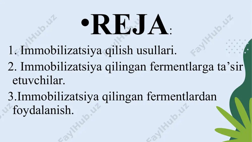 r qismigina foydali bo`ladi. ion kuchi ferment bilan tashuvchi orasidagi bog`lanishni kuchiga ta’sir ko`rsatuvchi omil. tuzlarni yuqori miqdorda tashuvchi sirtidan elektrostatik yo`l bilan bog`langan fermentni siqib chiqaradi. boshqacha qilib aytganda, ion kuchini oshishi bilan fermentni desorbsiyasi oshib boradi. ba’zi hollarda bunga aksincha ta’sir ham uchrab turadi, buni oqsilni "tuzlanishi" deb ataladi. harorat: haroratni oshishi adsorbsiya jarayoniga ikki xil ta’sir qiladi. birinchidan, haroratni oshishi fermentni inaktivatsiyasiga (denaturatsiya) olib keladi, ikkinchi tomondan esa haroratni oshishi fermentni tashuvchi g`ovaklariga diffuziyasini kuchaytirish hisobidan, ferment faolligini oshishiga olib keladi. adsorbsiya yo`li bilan immobilizatsiya qilishni mo`tadil sharoiti bo`lish kerak. gel ichiga kiritish yo`li bilan immobilizatsiya qilish. fermentlarni gelda immobilizatsiya qilishning ikki usuli bor. birinchisi, ferment monomer eritmasida eritiladi so`ngra polimerizatsiya qilinadi. ikkinchisi, p.bertfeld va dj.uenlar ishlatgan polimerizatsiya qilish asosida olinadigan immobilizatsiyalangan fermentlar. gelga kiritish yo`li bilan immobilizatsiya qilish usuli o`zining soddaligi bilan ajralib turadi. yarim o`tkazgich membranalar yordamida immobilizatsiya qilish. bu usul kichik molekulali substratni suvdagi …
