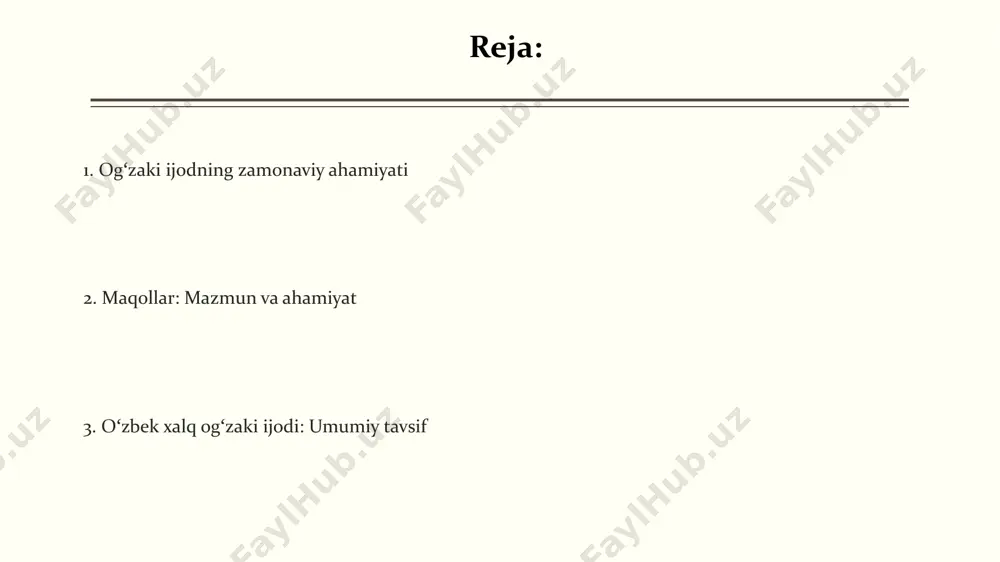 ida, jumladan, maqollar, topishmoqlar orqali 85% o'zbek xalqining madaniy merosini aks ettiradi. folklorning ahamiyati va bugungi kun o'zbek xalq og'zaki ijodi: umumiy tavsif xalq og'zaki ijodi o'zbek madaniyatining asosi bo'lib, uning eng qadimgi namunalari miloddan avvalgi 1-mingyillikka borib taqaladi. u 7 dan ortiq asosiy mavzuni qamrab oladi, muhabbat, qahramonlik va donolik kabi. o'zbek og'zaki ijodida 3 ta asosiy shakl ajralib turadi: nasriy (ertaklar), she'riy (qo'shiqlar) va dramatik (xalq o'yinlari). har bir shakl o'ziga xos xususiyatlarga ega bo'lib, xalq hayotini yoritib beradi. o'zbek xalq og'zaki ijodi: umumiy tavsif dostonlar: qahramonlik va sevgining madhi o'zbek dostonlarida 500 dan ortiq turli xil qahramonlar, jumladan, 20 ga yaqin ayol qahramonlar faol ishtirok etadi, ularning jasorati va sevgisi ko'plab avlodlarga namuna bo'lib kelgan. dostonlar: qahramonlik va sevgining madhi "alpomish" dostonida 7 yoshli bola o'zining jasurligi bilan ajralib turadi, bu esa uning kelajakdagi 40 yillik sarguzashtlarining debochasidir, unda sevgi va qahramonlik uyg'unlashgan. topishmoqlar: zehn charxi “topishmoqlar” …