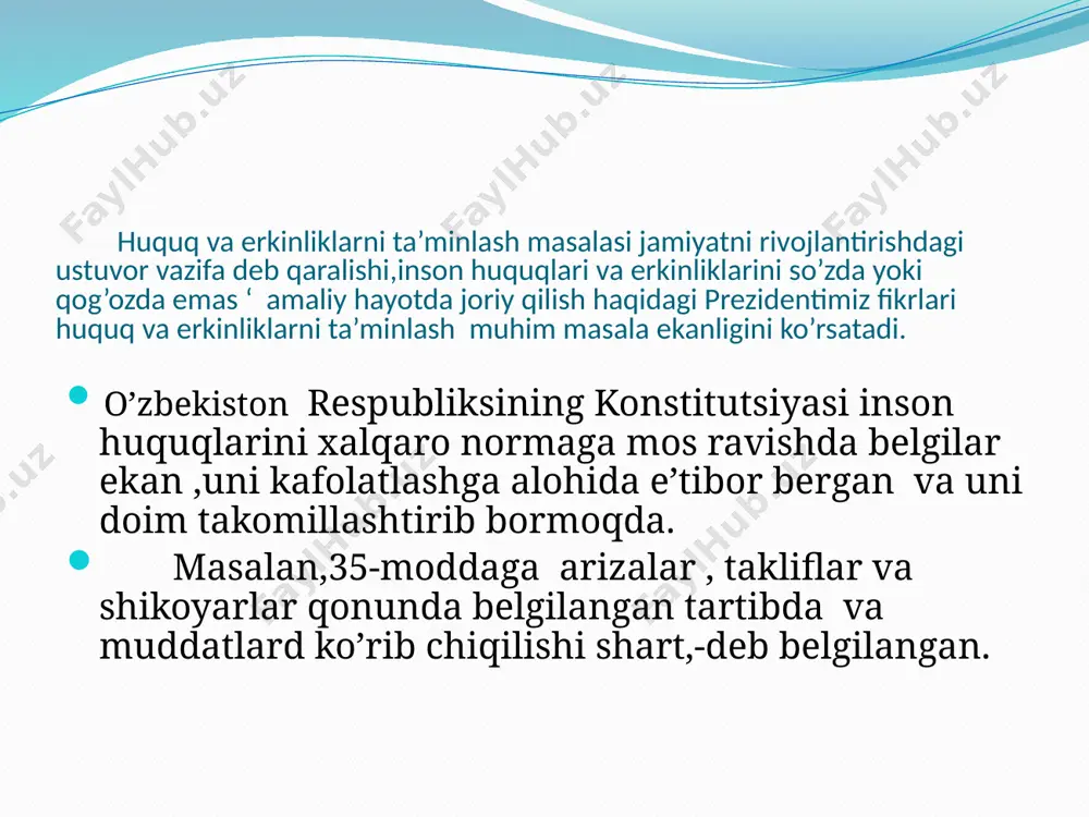 malakatlarning bajarishi uchun ko’rsatma bo’lsa , har bir mamalakat,jumlladan,o’zbekiston milliy qonunchiligida ana shu ko’rsatmalarni amalga oshirish choralari hambelgilanadi va shu bilan inson huquqlarini ta’minlash real voqelikka aylanadi. inson huquqlari ularning asosiylari konstitutsiyamizda ko’rsatilgan bo’lib, ularni ta’minlash yo’llari haqida konstitutsiyamizda ko’rsatmalar bo’lsa,shu huquqlarni yanada ko’proq ta’minlash imkoniyati konstitutsiya asosida qabul qilingan boshqa qonunlarda belgilangan. mamlakatimizning inson huquqlarini ta’minlovchi qonunlar qatorida “fuqarolik to’g’risidagi” “ saylov to’g’risidagi” barcha qonunlar , mehnat kodeksi , “ta’lim to’g’risida’’gi va ko’plab boshqa qonunlarda keltirish mumkin. bulardan tashqari, ko’plab normativ-huquqiy hujjatlar,idoraviy hujjatlar inson huquqlarini ta’minlashda muhim rol o’ynaydi va milliy huquq tizimini belgilaydi. huquq va erkinliklarning davlat tomonidan kafolatlanishi: davlatning asosiy vazifasi huquq va erkinliklarni belgilab qo’yish bilan cheklanmaydi.bu masalada muhimi huquq va erkinliklarning davlat tomonidan kafolatlanishidir.bu borada davlat o’z zimmasiga katta ma’suliyat oladi. ayrim huquq va erkinliklarni belgilash davlatning ixtiyori bo’lsa,ayrim huquqlarni ta’minlash uning to’g’ridan-to’g’ri majburiyati hisoblanadi.bunga misol qilib yashash huquqi,daxlsizlik huquqi va boshqalarni misol qilib keltirish …