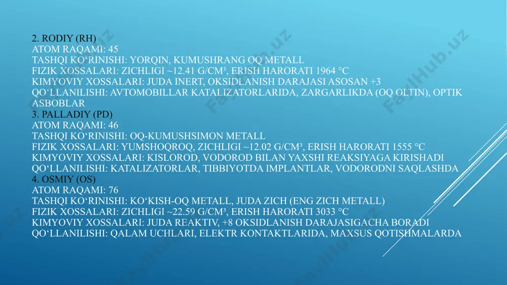xlorid (rhcl₃) dan tiklab olinadi palladiy (pd) ajratilishi: nikkel yoki mis rudalarini qayta ishlashda hosil bo‘lgan eritmadan ajratiladi. tozalash: palladiy(ii) xlorid yoki ammoniy komplekslarini hosil qilib ajratiladi. osmiy (os) ajratilishi: platina guruhidagi boshqa elementlar qoldig‘idan olinadi. xususiyati: havoda osonlik bilan osmiy tetroksid (oso₄) hosil qiladi — bu gazdan keyin osmiy metali ajratib olinadi. iridiy (ir) ajratilishi: osmiydan so‘ng qolgan qotishmadan olinadi. tozalash: eritmada iridiy xloridlar shaklida bo‘ladi, keyinchalik metall holatga keltiriladi. platina (pt) ajratilishi: qiyno kislota yordamida eritilib, platina tetraxlorid (ptcl₄) shaklida olinadi. tozalash: vodorod bilan tiklab, metall holatga keltiriladi. platina guruhiga kiruvchi elementlar tabiatda juda kam miqdorda uchraydi, ular odatda yer po‘stida nodir metallar hisoblanadi. 1. ruteniy (ru) tabiatda uchrashi: asosan platina rudalari tarkibida aralash holda uchraydi. erkin (metall) holda deyarli topilmaydi. manbalari: sulfid rudalar — pentlandit (ni,fe)₉s₈, laurite (rus₂) kabi. 2. rodiy (rh) tabiatda uchrashi: erkin holda juda kam, asosan platinaga birikkan holda topiladi. manbalari: platina rudalari, xususan …