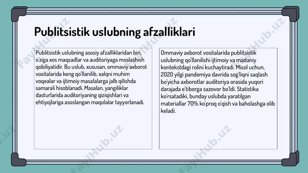 v uslubi esa norasmiy va shaxsiy aloqalar o'rnatishga mo'ljallangan. publitsistik uslub ko'proq ma'lumot berishga, so'zlashuv uslubi esa odamlarni fikr almashishga va hissiy aloqalar o'rnatishga qaratilgan. uslublarning ta'siri publitsistik uslubning jamiyatga ta'siri publitsistik uslub o'zining ta'siri bilan ijtimoiy fikrni shakllantiradi, muhim masalalar haqida jamoatchilikni xabardor qiladi va o'zgarishlarga sabab bo'ladi. so'zlashuv uslubi esa odamlarga o'zaro ishonch va yaqinlik yaratadi, bu ijtimoiy munosabatlarni mustahkamlaydi. uslublar o'rtasidagi ta'sir farqlari shundaki, publitsistik uslub maqsadli fikr shakllantirish uchun foydali bo'lsa, so'zlashuv uslubi esa o'zaro muloqot va tushunishga yo'naltirilgandir. uslublarni tanlashga ta'sir qiluvchi omillar uslublarni tanlashda asosiy omillar kontekst, auditoriya va maqsad hisoblanadi. har bir uslub o'ziga xos vazifalari va auditoriyaga ta'sir qilish usuliga ega. misol uchun, biron bir tadbirda o'z auditoriya talablarini hisobga olgan holda, so'zlashuv uslubini tanlash, shaxsiy muloqot va emotsional bog'lanishni kuchaytiradi. boshqa tomondan, publitsistik uslub ko'proq rasmiy va aniq ma'lumot yetkazishda qo'llaniladi. image1.png image2.png image3.png image4.png image5.png image6.png image7.png image8.png image9.png image10.png …