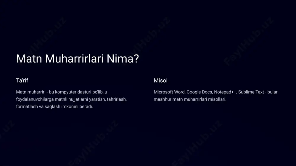a tarjima qilish imkonini beradi. 1.7.2013 5 ‹#› matn muharrirlari uchun eng yaxshi amaliyot va strategiyalar 1 rejalashtirish ishni boshlashdan oldin, matnning tuzilishi va mazmunini rejalashtirish muhim. 2 tuzatish yozilgan matnni bir necha marta o'qib chiqish, xatolarni tuzatish va uslubni yaxshilash lozim. 3 formatlash formatlash elementlarini o'zaro uyg'unlashtirish, matnning o'qilishi va tushunilishi oson bo'lishini ta'minlash. 4 saqlash ishni tugatgandan so'ng, hujjatni xavfsiz joyga saqlash va kerak bo'lganda osongina kirish imkonini ta'minlash. 1.7.2013 6 ‹#› matn muharrirlari uchun eng katta muammolar va ularni yechish yo'llari 1 xatolar hujjatda grammatik va uslubiy xatolar bo'lishi mumkin. 2 formatlash turli platformalarda formatlash muammolari yuzaga kelishi mumkin. 3 texnik dasturning ishlashi yoki kompyuterning xatoliklari matn muharriri bilan ishlashga to'sqinlik qilishi mumkin. 4 vaqt matnni yozish va tahrirlash ko'p vaqt talab qilishi mumkin. 5 samaradorlik ishni tezlashtirish va samaradorlikni oshirish uchun turli xil texnikalarni o'rganish kerak. 1.7.2013 7 ‹#› matn muharrirlari uchun shaxsiy sifatlari 1 diqqat …
