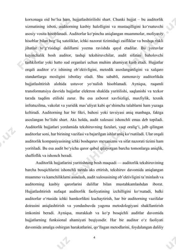 lik xulosasiga nisbatan norozilik bildirgan mijoz holatida, auditor o‘z xulosasini qanday asoslar, dalillar, va qonunchilik normalariga tayanib chiqarganini aynan shu hujjatlar orqali ko‘rsata oladi. bu jihatdan qaraganda, hujjatlarning mavjudligi auditorlar uchun himoya vositasi, mijozlar uchun esa ishonch kafolati sifatida xizmat qiladi. bundan tashqari, auditorlik faoliyatiga tashqi nazorat organlari — jumladan, o‘zbekiston respublikasi moliya vazirligi, davlat audit xizmati yoki xalqaro auditori tashkilotlari tomonidan o‘tkaziladigan tekshiruvlar vaqtida, aynan hujjatlar orqali audit sifati baholanadi. auditorlik tashkilotlari uchun esa bu hujjatlar ilgari bajarilgan loyihalar bo‘yicha tajriba to‘plash, bilim almashish, ichki standartlarni ishlab chiqish va yangilashda asosiy manba bo‘lib xizmat qiladi. shuningdek, hujjatlash auditorlar tomonidan qo‘llaniladigan yondashuvlar, risk tahlillari, baholash mezonlari, ishlatilgan vositalar va texnikalar haqida mukammal bilimlar to‘plamini shakllantiradi. bu esa auditorlik sohasida uzluksiz takomillashuv, raqobatbardoshlik va xalqaro tajriba almashinuvi uchun mustahkam poydevor bo‘ladi. 1.1 auditorlik faoliyati va tekshiruv mohiyati auditorlik hujjatlarini shakllantirishda asosiy vazifalardan biri bu – dalillarni to‘plash, ularni tahlil qilish va …