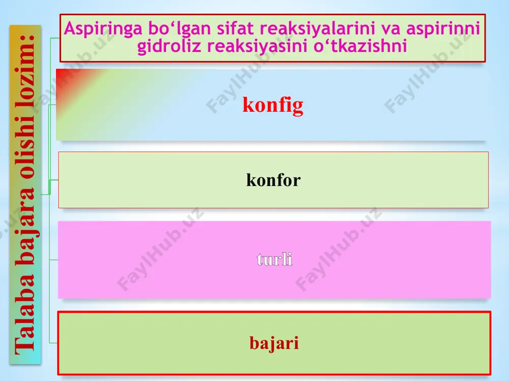 alqali polifunksional birikmalar di- va tо‘yinmagan karbon kislotalar polifunksional guruxli birikmalar sulfanil kislota va uning xosilalari karbonat kislota birikmalari getrofunksional birikmalar p – aminofenol va uning xosilalari p – aminobenzoy kislota va uning xosilalari salitsil kislota va uning xosilalari gidroksi- va aminokislotalar polifunk-tsional bi-rikmalar aromatik polifunk-tsional bi-rikmalar 12 dikar-bon kislo-talar aromatik dikarbon kislota kup atomli spirtlar-ni xossa-lari kislota-lardagi o’ga-rishlar 2-aminoetanolning hosilalari 2-aminoetanolning hosilalari dimedrol-kolaminning xosilasi, gistaminga qarshi vosita (allergiyaga qarshi ta’sirga ega, yengil uxlatuvchi sifatida beriladi). xolin- murakkab lipidlarning tuzilish birligi, odamning xayot faoliyatida axamiyatga ega bolib, yog almashinuvini boshkaradi. organizmdagi metillash jarayonida metil - guruxlarini beradi. vit. b4 xam deyiladi. neyrin - (trimetilvinilammoniy)-asab tuqima-larida bo’ladi, kuchli zaxar, murda zaxarlariga kiradi. atsetilxolin-kichik konsentratsiyalarda faol ta’sir etuvchi, asab to’qimalarida asab qo’zg’olishini uzatuvchi keng tarqalgan mediator (vositachi)dir. aminospirtlar qatoriga buyrak usti bezida aminokislota fenilalanindan xosil bо‘luvchi biogen aminlar (katexolaminlar) – dofamin, noradrenalin va adrenalin kiradi. adrenalin- katexolamin turidagi garmon bulib, xar xil …