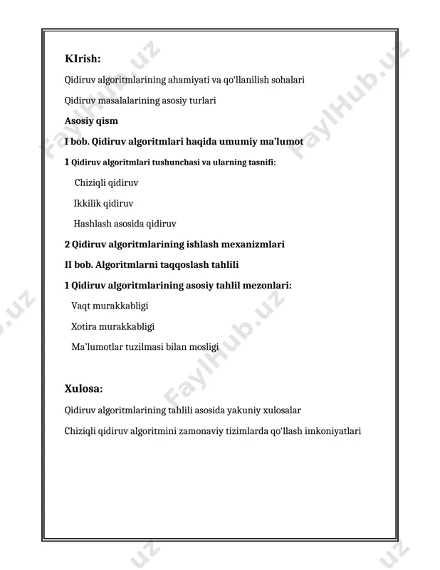 aqqoslanadi. agar qidirilayotgan element kichikroq bo'lsa, qidirish massivning chap yarmida, aks holda - o'ngda davom etadi. jarayon element topilmaguncha yoki tekshirilishi kerak bo'lgan boshqa elementlar qolmaguncha takrorlanadi. ikkilik qidiruvning vaqt murakkabligi o(log n) dir, bu chiziqli qidiruvga qaraganda ancha tezdir. satrlarni qidirish kontekstida katta ilovalar matnli ma'lumotlar bilan shug'ullanadi, ular samarali pastki qator qidirish algoritmlarini talab qiladi. shunday algoritmlardan biri knuth-morris-pratt (kmp) algoritmidir. kmp algoritmi massivning "qisman mosligini" yaratish uchun naqshni (qidirilayotgan pastki qatorni) oldindan qayta ishlashdan foydalanadi, bu esa keraksiz tekshiruvlarni o'tkazib yuborishga yordam beradi. bu algoritmni sodda pastki qator qidirish algoritmiga qaraganda samaraliroq qiladi, vaqt murakkabligi o (n + m), bu erda n - matn uzunligi va m - naqsh uzunligi. boyer-mur amalda samarali ekanligi ma'lum bo'lgan yana bir pastki qator qidirish algoritmidir. matnning ayrim qismlarini o'tkazib yuborish uchun matn va naqsh ma'lumotlaridan foydalanadi. asosiy g'oya naqshni chapdan o'ngga emas, balki o'ngdan chapga matnga solishtirishdir, bu sizga mos …