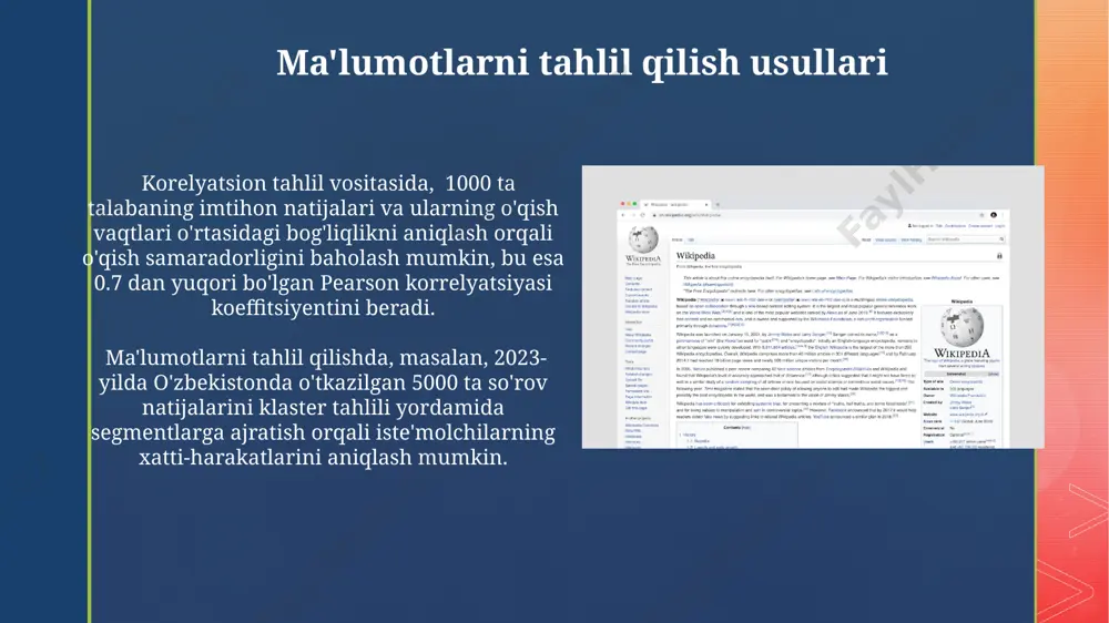 ni boshqarish xarajatlarini 40% ga kamaytirishga va ma'lumotlar bazasining hajmini 2 barobarga oshirishga erisha oladi. bulutli infratuzilma, 99,99% dan ortiq ishlash vaqti bilan, korxonalarga global miqyosda, masalan, singapur va aqsh o'rtasida, tezkor va ishonchli ma'lumot almashinuvini ta'minlaydi. ma'lumotlar bazasi boshqaruvi tizimlari ma'lumotlar bazasi boshqaruv tizimlari (mbbt) oracle, mysql kabi 100 dan ortiq turli xil tizimlarni o'z ichiga oladi va dunyoning har bir burchagida, shu jumladan o'zbekistonda, keng qo'llaniladi. relational mbbt lar, masalan, postgresql, ma'lumotlarni jadvallar va ustunlar orqali tuzilgan munosabatlar asosida saqlaydi va 2023 yil holatiga ko'ra, global miqyosda millionlab foydalanuvchilarga xizmat qiladi. axborot texnologiyalari sohasidagi muammolar va yechimlar kiberxavfsizlik – axborot texnologiyalari sohasidagi dolzarb muammo bo'lib, 2022 yilda toshkent shahrida 1000 dan ortiq kiberhujumlar qayd etilgan. yechim sifatida esa zaif joylarni aniqlash tizimlarini takomillashtirish va xodimlarni o'qitish muhim ahamiyatga ega. ma'lumotlarni qayta ishlashda samaradorlikni oshirish uchun bulutli texnologiyalarni qo'llash muhim, ammo o'zbekistonda bulutli xizmatlarning narxi yuqori va bu kichik …