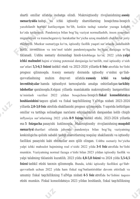 ur’atlarining tezroq tiklanishi, rivojlanayotgan davlatlarda esa nisbatan sustroq tiklanishini belgilovchi asosiy omillardan bo‘layotgan sharoitda ssenariylar shartlarini belgilashda pandemiya bilan bog‘liq vaziyat muhim omil sifatida qaraldi. shuningdek, bu yilgi hisob-kitoblarda iqlim o‘zgarishlari va asosiy oziq-ovqat mahsulotlari taklifi, moliyaviy barqarorlik ko‘rsatkichlari, amalga oshirilishi ko‘zda tutilayotgan islohotlar va ularning kutilayotgan natijalari shartli omillar sifatida inobatga olindi. makroiqtisodiy rivojlanishning asosiy ssenariysida tashqi va ichki iqtisodiy sharoitlarning bosqichma-bosqich yaxshilanib borishi kutilayotgan bo‘lib, keskin tashqi xatarlar yuzaga kelishi ko‘zda tutilmaydi. pandemiya bilan bog‘liq vaziyat normallashib, inson resurslari migratsiyasi va transchegaraviy harakatlar bo‘yicha uzoq muddatli cheklovlar joriy etilmaydi. mazkur ssenariyga ko‘ra, iqtisodiy faollik yuqori sur’atlarda jadallashib borib, investitsion va iste’mol talabi pandemiyagacha bo‘lgan darajaga to‘liq tiklanadi. ushbu ssenariy doirasidagi hisob-kitoblarga ko‘ra, 2022 yilda yalpi ichki mahsulot hajmi o‘zining potensial darajasiga ko‘tarilib, real iqtisodiy o‘sish sur’atlari 5,5-6,5 foizni tashkil etadi va 2023-2024 yillarda 6 foiz atrofida bo‘lishi prognoz qilinmoqda. asosiy ssenariy doirasida iqtisodiy o‘sishni qo‘llab- quvvatlashning muhim drayveri …
