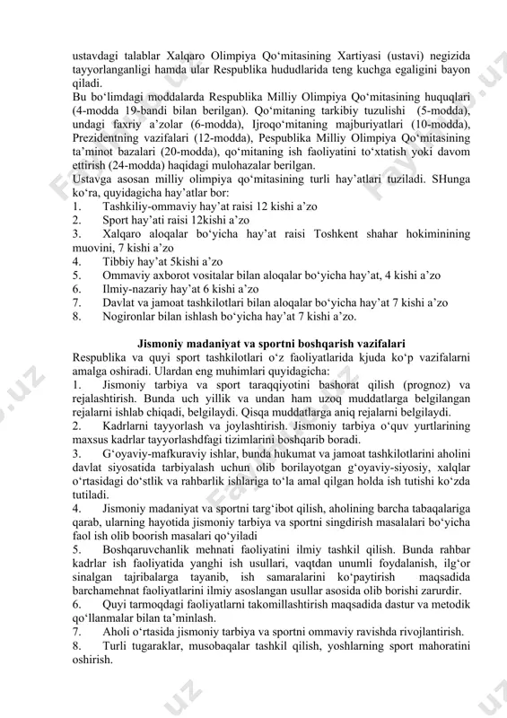 jroqo‘mita hay’ati va a’zolarini sayladilar. 1992-yil; 9-martda respublika milliy olimpiya qo‘mitasi xalqaro olimpiya qo‘itasi tomonidan rasman tan olindi va a’zo qilib qabul qilindi. 1993-yil 26-aprelda milliy olimpiya qo‘mitasining assambleyasi bo‘ldi. unda qo‘mitaning nizomi (ustovi) qabul qilindi. shuningdek, 1994-yilda xirasimada bo‘ladigan osiya o‘yinlari va 1996-yilda atlantada (aqsh) bo‘ladigan xxvi xalqaro olimpiya o‘yinlariga tayyorgarlik masalalari ham ko‘rib chiqildi. o‘zbekiston milliy olimpiya qo‘mitasi tarkibida olimpiya akademiyasi bo‘lib, uning viloyatlar, tumanlar va boshlang‘ich tashkilotlarda tarmoqlari mavjud. shuningdek, viloyatlarda olimpiya klublari tashkil qilindi. milliy olimpiya qo‘mita asosan respublikaning xalqaro sport aloqalari bilan shug‘ullanadi. bunda terma jamoalarni tuzish, ularga shart-sharoitlar tayyorlash, xalqaro sport musobaqalarida faol qatnashish bilan faoliyat ko‘rsatadi. olimpiya akademiyasi olimpiya harakatini targ‘ibot qilish, yoshlar o‘rtasida jismoniy tarbiya ta’limi va sport harakatini rivojlantirishga doir tadbirlar o‘tkazish bilan shug‘ullanadi. 1993-yil sentabrda (21-23) volgograd shahrida mustaqil davlatlar hamdo‘stligi (mdh) sport uyushmasining olimpiya akademiyasi yig‘ilishi bo‘lib, unda o‘zbek davlat jismoniy tarbiya insitutining kafedra mudiri, pedagogika fanlari nomzodi, respublika …
