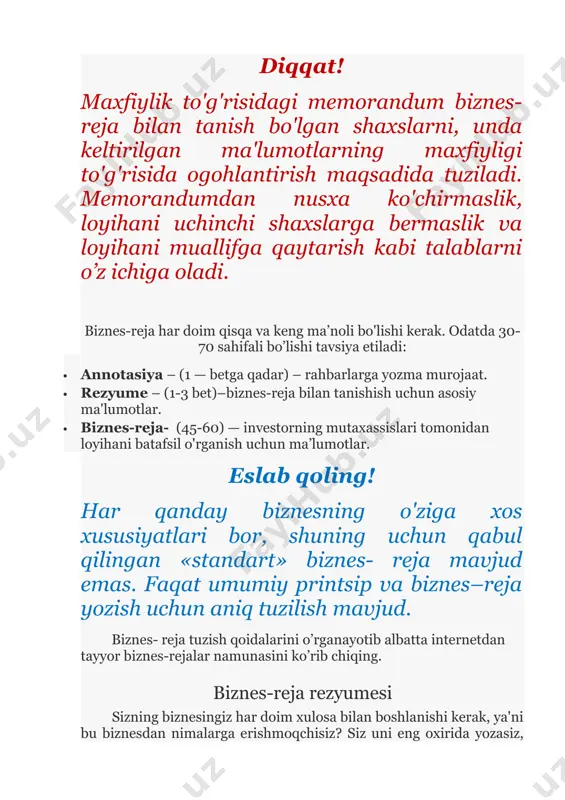 zma murojaat. · rezyume – (1-3 bet)–biznes-reja bilan tanishish uchun asosiy ma'lumotlar. · biznes-reja- (45-60) — investorning mutaxassislari tomonidan loyihani batafsil o'rganish uchun ma’lumotlar. eslab qoling! har qanday biznesning o'ziga xos xususiyatlari bor, shuning uchun qabul qilingan «standart» biznes- reja mavjud emas. faqat umumiy printsip va biznes–reja yozish uchun aniq tuzilish mavjud. biznes- reja tuzish qoidalarini o’rganayotib albatta internetdan tayyor biznes-rejalar namunasini ko’rib chiqing. biznes-reja rezyumesi sizning biznesingiz har doim xulosa bilan boshlanishi kerak, ya'ni bu biznesdan nimalarga erishmoqchisiz? siz uni eng oxirida yozasiz, lekin u sizning biznes rejangizning boshida turishi kerak. rezyume- bu allaqachon yozilgan biznes-rejaning natijasidir. bu ko'pchilik potentsial investorlarning o'qiydigan yagona bo’limidir va u quyidagilardan iborat bo’ladi: · biznes-rejaning maqsadi. · moliyaga bo'lgan ehtiyoj, ular qanday maqsadlar uchun kerak. · biznes va uning mijozining qisqacha tavsifi. · raqobatchilardan asosiy farqlar. · asosiy moliyaviy ko'rsatkichlar. biznes-reja tuzish uchun 9 qadam 1. maqsad va vazifalar. bu bo’limda siz g’oyangizni …