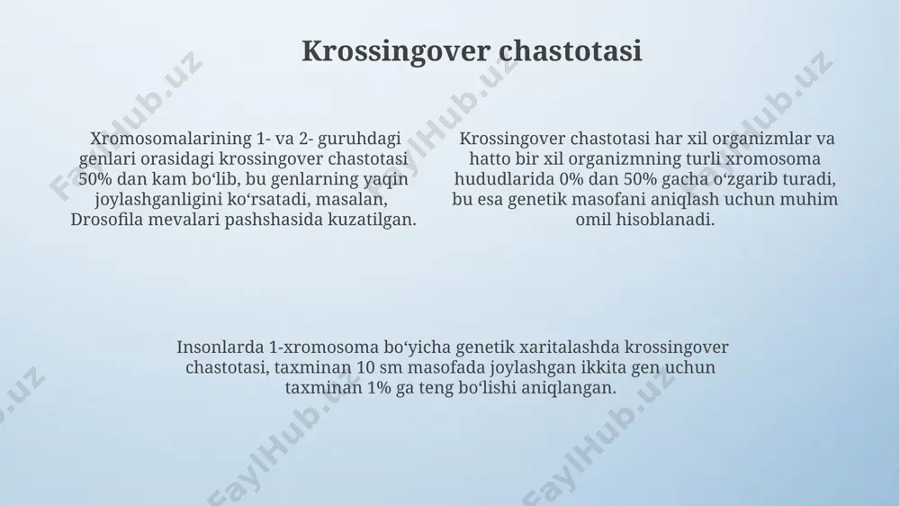 tasi 20 smu ga teng keladi. to'liq bo'lmagan bog'lanish hodisasi gregor mendelning no'xat o'simliklaridagi tajribalari natijalarini to'liq tushuntirish uchun zarur edi, chunki 50% dan yuqori rekombinatsiya chastotasi kuzatildi. genlar oralig'i masofasini aniqlash drosophila melanogaster (meva pashshasi) kabi modellar organizmlarida, 1% rekombinatsiya chastotasi taxminan 1 morgan bo'lib, bu genlar oralig'ining o'rtacha birligini bildiradi. genlar oralig'ini aniqlashda rekombinatsiya chastotasi foydalaniladi, masalan, 10% rekombinatsiya 10 santimetrga teng bo'lgan genlar oralig'ini ko'rsatadi, bu esa xromosomaning uzunligi va joylashuvi bilan bog'liqdir. 1913 yilda alfred sturtevant tomonidan ishlab chiqilgan gen xaritalash usuli, genlar orasidagi masofani aniqlash uchun rekombinatsiya chastotasiga asoslangan bo'lib, shu orqali genetik xaritalar tuziladi. krossingoverning ahamiyati krossingover hodisasi amerika genetigi tomas hunt morgan tomonidan drosophila melanogaster (meva pashshasi)da o'tkazilgan tajribalar orqali aniqlangan va genetika sohasida katta yutuq hisoblanadi. bu kashfiyot xromosomalar nazariyasining muhim jihati hisoblanadi. krossingover 1-2% chastota bilan sodir boʻlib, genlarning bogʻlanish kuchini aniqlashga yordam beradi va shu bilan mendelning 2-qonuniga 1911-yilda morgan …