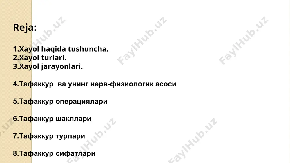 a harakat qilishi mumkin. odam og’ir ahvolga tushganda, biror masalani yecha olmaganda, o’z xatolaridan qochishga harakat qilgan kabi hollarda u foydasiz orzularga, real hayotdan uzoq fantastika olamiga kirib ketishi mumkin. bunday hollarda kishi amalga oshirib bo’lmaydigan ish-harakat rejalarini tuzadi. xayolning bunday turi passiv xayol deb ataladi. passiv xayol ixtiyorsiz ixtiyoriy ixtiyoriy ravishda yuzaga keltirilgan, lekin hayot bilan, real hayotdagi faollikka olib kelmaydigan passiv xayol turi shirin xayol deb ataladi. qandaydir quvonchli, yoqimli narsalar haqida shirin xayollarga berilish hammaga xos. passiv xayol ixtiyorsiz ravishda ham yuzaga kelishi mumkin. xayolning bu turi asosan ong faoliyatining, ikkinchi signallar tizimining susayishida, odamning vaqtinchalik harakatsizlik holatida, uyqisirash holatida, affekt holatida, uyqida (tush ko’rish), ongning kasallikka uchrab buzilishida (gallyutsinatsiyada) va shu kabilarda sodir bo’ladi. passiv xayolning aksi bo’lgan aktiv xayol ijodiy va qayta tiklovchi xayol turlariga bo’linadi. ma’lum bir asosga, yozuvlarga, chizmalarga asoslanib ularga muvofiq keladigan obrazlar tizimini yaratuvchi xayol qayta tiklovchi xayol deyiladi. ijodiy xayol …