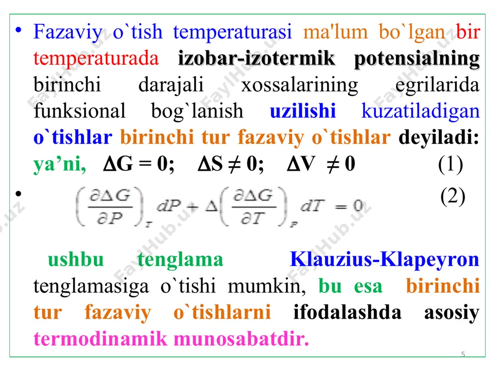 -klapeyron tenglamasi bilan belgilanadi: bu yerda: δη - bir fazaning ikkinchi fazaga aylanish issiqligi; v2- yuqoriroq haroratda barqaror bo’lgan fazaning hajmi; v1- pastroq haroratda barqaror bo’lgan fazaning hajmi; t- bu ikki fazaning muvozanat harorati. agar va δη ma’lum bo’lsa harorat bir oz o’zgarganda bosim qaysi tomonga o’zgarishini bilish mumkin. * 0b chizig’i suvning bug’lanish egrisi. bunda, klauzius – klapeyron tenglamasi quyidagicha yoziladi: bu yerda: δη - suvning bug’ga aylanish issiqligi, t - suvning bug’ga aylanish haroratii, v2 – bug’ning hajmi, v1 – suvning hajmi. klauzius – klapeyron tenglamasidan foydalanishda suyuqlikning hajmi bug’ning hajmiga qaraganda g’oyat kichik ekanligini nazarda tutsak, yuqoridagi tenglama quyidagi shaklni oladi: suv bug’langanda sistemaga issiqlik beriladi, shuning uchun sistemaning h>0 va v2 > v1. bu holda haroratning oshishi bosimning ortishiga olib kelmoqda. shuning uchun 0b egri chizig’i o’ng tomonga og’gan bo’ladi. 0a chizig’i suvning muzlash harorati bilan bosim orasidagi bog’lanishni ko’rsatadi (suyuqlanish egrisi). bu hol uchun suv …