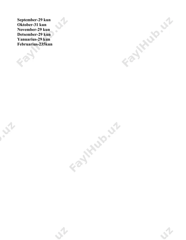 tab qо‘yilgan. ikkinchi oy - aprilis - lotincha “aprire”- “namoyon bо‘lmoq”, “ochmoq” ma’nolarini bildiradi. bu oyda hamma daraxt va о‘simliklar ochilib gullay boshlagan. uchinchi oy mayus - xudo merkuriyning onasi yer ma’budasi maya nomi sharafiga qо‘yilgan. tо‘rtinchi oy yunius - yupiterning rafiqasi, osmon ma’budasi, ayollarning himoyachisi yunona sharafiga qо‘yilgan. beshinchi oy – kvintilis (lotincha beshinchi)– imperator yuliy sezar sharafiga yulius deb qо‘yilgan. oltinchi oy – sekstilis (lotincha oltinchi) - imperator oktavian avgust (muqaddas kishi) nomi bilan atalgan. yettinchi oy – september (lotincha yettinchi), sakkizinchi oy – oktober (lotincha sakkizinchi), tо‘qqizinchi – november (lotincha tо‘qqizinchi), о‘ninchi oy – detsember (lotincha о‘ninchi) degan ma’noni bildiradi. о‘n birinchi oy - yanuaris deb atalib, ikki yuzli xudo yanus nomiga qо‘yilgan. о‘n ikkinchi oy - februarius - yer osti podshosi februus nomiga qо‘yilgan. shuningdek, “februane” sо‘zi “tozalanmoq”, “poklanmoq” degan ma’nolarni ham bildiradi. yilning oxirida poklanish marosimi о‘tkazilgan. miloddan avvalgi vi asrda rimliklar mazkur oy kalendarini …