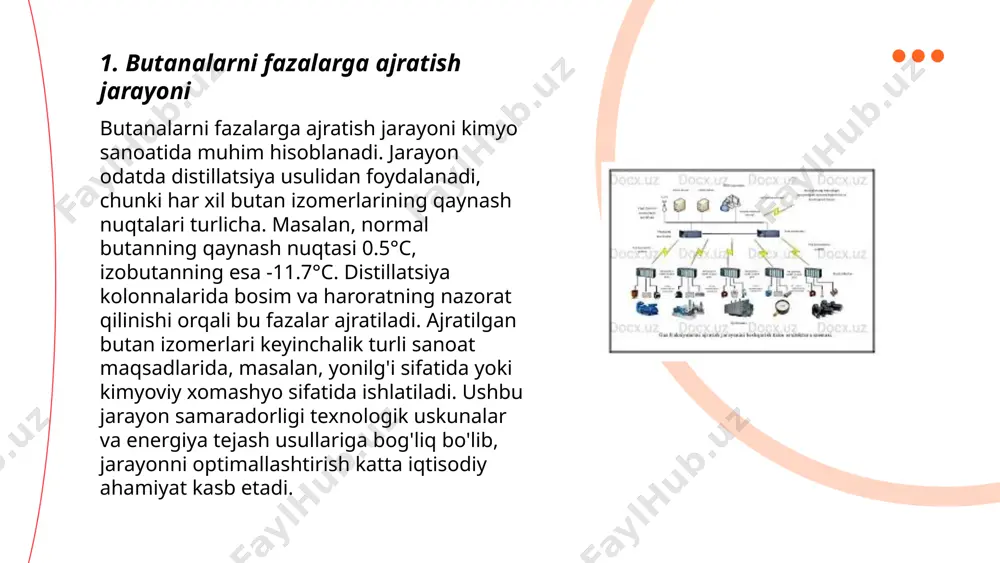 neft-kimyo sanoati suyuq fazalarni ajratish texnologiyalarini modernizatsiya qilishga intilmoqda. gaz-suyuqlik va suyuqlik-suyuqlik ajratmalarida zamonaviy texnologiyalar energiyani tejash hamda ishlab chiqarish samaradorligini oshirish imkonini beradi. ... t.me/slaydai_bot 6. sinflagichlarda mexanik va gidravlik jarayonlar taqqoslanishida, mexanik jarayonlarda kuchni qo'llash uchun asosan muallaq yoki qattiq elementlar ishlatiladi. bu usulda ish quvvati 60-70% ni tashkil etadi. gidravlik jarayonlarda esa suyuqlikning bosimi orqali kuch taqdim etiladi, bu esa energiya samaradorligini 80-95% ga yetkazishi mumkin. gidravlik tizimlar harakatni yumshoqroq va bir tekis amalga oshiradi, ammo ularda ortiqcha texnik xizmat talab etilishi mumkin. mexanik tizimlar esa oddiyroq va kamroq texnik xizmat talab qiladi, lekin ba'zan kamroq samarador. ... t.me/slaydai_bot 7. butanalarni mexanik sinflagichlarda ajratish butanalarni mexanik sinflagichlarda ajratish jarayonida butanallarining fizik va kimyoviy xususiyatlari hisobga olinadi. butanallar 4 xil izomerga ega: n-butanol, izobutanol, sek-butanol va tert-butanol. har bir izomer o'ziga xos qaynov nuqtasi, qovushqoqlik va zichlikka ega, bu ularni ajratishda qo'llaniladi. misol uchun, n-butanolning qaynov nuqtasi 117.7°c, …