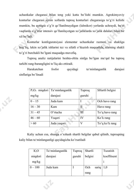 asi tuproq guruhi shartli belgisi tuzatish koeffi-tsenti 5-15 juda kam i qizil rang 1,25 16-30 kam ii apelsin ранг 1,00 31-45 o’rtacha iii | sariq rang 0,75 45-60 yuqori iv yashil rang 0,50 >60 juda yuqori v havo rang 0,25 nitratli azot (n-n03) bo’yicha tuproqning azot bilan ta‘minlanganlik darajasi quyidagicha bo’ladi. n-n0 з miqdori mg|kg ta‘minlangan- lik darajasi tuproq guruhi shartli belgisi tuzatish koeffi-tsenti 0-10 juda kam i qizil rang 1.5 11-20 kam ii apelsin rang 1,25 21-30 o’rtacha iii sariq rang 1.0 31-40 yuqori iv yashil rang 0,75 >40 juda yuqori v havo rang 0,50 x.t risqieva (1989) kelgusi yil g’o’za hosili uchun sentyabr oyida mineral azotni (nm) aniqlashni tavsiya qilib, quyidagi ta‘minlanganlik sinfini taklif qiladi (0-50 sm qatlamda) nm (n-n0 з+n- nн4) miqdori mg|kg ta‘minlanganlik darajasi tuproq guruhi azot dozasi kg|ga 60 juda yuqori v 100 tyurin va kanonova bo’yicha aniqlangan oson (engil) gidrolizlanadigan azot bilan tuproqning ta‘minlanganlik …
