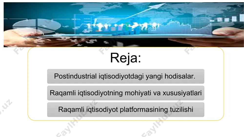 kommunikatsiya raqamlashuvi asosi peer to peer bo’lgan hamkorlik iqtisodiyotining rivojlanishi yagona bozor va axborot makonining shakllanishi ko'plab xorijiy va mahalliy tadqiqotchilar raqamli iqtisodiyotni axborot iqtisodiyoti, bilimlar iqtisodiyoti, ijodiy iqtisodiyot, internet iqtisodiyoti, tarmoq iqtisodiyoti, elektron iqtisodiyot, yangi iqtisodiyot va boshqalar kabi tushunchalar bilan aniqlaydilar. postindustrial iqtisodiyotda yuz berayotgan hodisalar to insert your own icons*: insert >> icons (*only available to office 365 subscribers) www.presentationgo.com © presentationgo.com by: .com mahsulot ishlab chiqarishda avtomatlashtirish: yaratuvchi iqtisodiyot: markaziy banklar va kripto-valyutalar: axborot va kommunikatsiya texnologiyalarining o'sishi: intellektual moliyaviy islohotlar:. “axborot iqtisodiyoti” t.umesov va f.maxlup, m.porat keltirilgan “axborot jamiyati”tushunchasi nomoddiy tovarlarni ishlab chiqarish va iste’mol qilish emas, balki axborot deb qaraladi “bilimlar iqtisodiyoti” f.maxlup p.bruker axborot asosida yaratilgan bilimlar hisoblanadi. “internet iqtisodiyoti” internet asosida amalga oshiriladigan iqtisodiy faoliyat turlari to‘plamidir intellektual faoliyatga ya’ni, yangi bilimlarni yaratishga asoslangan iqtisodiyot. raqobatdosh ustunlikka erishish yoki inqirozli vaziyatlarni yengish maqsadlarida, birinchi qarashda umuman noodatiy, noan’anaviy, noyob va ba’zan bema’ni …