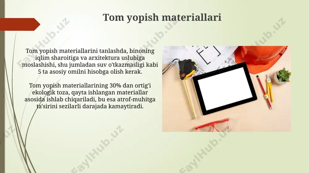 ing namlikka qarshilik darajasini ko'rsatadi. w2 eng past, w12 esa eng yuqori suvga chidamlilikni bildiradi. yog'och materiallar o'rtacha zichligi 500 kg/m³ bo'lgan qarag'ay yog'ochidan yasalgan 1m³ hajmli konstruksiya taxminan 500 kg og'irlikka ega bo'ladi. yog'och materiallar namlikni 8-12% oralig'ida saqlashda optimal mexanik xususiyatlarga ega bo'ladi, bu esa qurilishda mustahkam va bardoshli tuzilmalar yaratish imkonini beradi. gidroiqlim himoyasi materiallari gidroiqlim himoyasi materiallari, masalan, gidroizolyatsiya plyonkalari, suv o'tkazuvchanligini 0,1 mm/sutkadan kamroq darajada ta'minlaydi, bu esa binolarni namlanishdan samarali himoya qiladi. gidroiqlim himoyasi materiallari, jumladan, issiqlik izolyatsiyasi bilan birgalikda qo'llanilganda, energiya tejashga 20-30% gacha hissa qo'shadi va binolarning issiqlik muvozanatini yaxshilaydi. e'tiboringiz uchun rahmat @taqdimot_robot image1.jpg image2.jpg image3.jpg image4.jpg image5.jpg image6.jpg image7.jpg image8.jpg image9.jpg image10.jpg image11.jpg image12.jpg image13.jpg image14.jpg image15.jpg image16.jpg image17.jpg