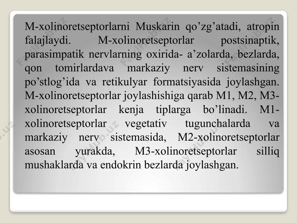 qon bosimi ko’tarilmaydi, ovqat hazm qilish susayadi, qabziyat yuzaga keladi, harorat ko’tariladi, kichik chanoq bo’shlig’i a’zolarini tonusini pasaytiradi natijada diurez, defekatsiya , ayolda bachadon qisqarishi yomonlashadi. atropin glaukomada va tug’ruq jarayonlarida ishlatilmaydi. parenteral va enteral yuboriladi. rp.: sol. atropini sulfatis 0,1% - 1ml d.t.d.n. 10 in ampullis s. 1 ml dan tomir ichiga yuborilsin. skopolamin-kukun, 0,005 g tabletka, 0,2% 1ml eritma saqlovchi ampula shaklida ishlab chiqariladi. ko’z mushaklarida va bezlaridagi m-xolininoretseptorga ta’sir ko’rsatadi. davolovchi miqdori asabni tinchlantiradi, uyqu keltiradi, ekstrapiramid sistemaga tinchlantiruvchi ta’sir ko’rsatadi. atropinga o’xshash qo’llaniladi, skopolamin “aeron” tabletka tarkibida mavjud, aeron havo va dengiz kasalligida qo’llaniladi. rp.: tab. “aeronum” n. 10 d.s. kuniga 2 maxal 1 donadan ichilsin. platifillin-kukun, 0,005 g tabletka, 0,2% 1 ml eritma saqlovchi ampula shaklida ishlab chiqariladi. asosan spazmolitik sifatida oshqozon, ichak, o’t, qovuq,o’t-safro yo’llari qisqarganda, miya, toj tomirlaritonusi oshib ketganda- gipertoniya, stenokardiya va miya tomirlari qisqarganda qo’llaniladi. glaukomada, jigar, buyrak kasalligida qo’llash man …