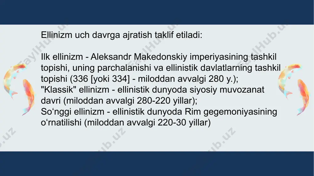 aa devori, saroy yoki ibodatxona) hozircha aniqlanmagan. bu davrda dastlabki aholi manzili vujudga kelib, yunon-baqtriya davrida o‘lkaning yirik shahar markaziga aylanadi. antik davri davomida shahar har tomonlama rivojlanib, maydoni kengaygan. foydalanilgan adabiyotlar: шайдуллаев ш.б. северная бактрия в эпоху раннего железного века. ташкент, 2000. пугаченкова г. а., ртвеладзе э. в. северная бактрия-тохаристан. очерки истории икультуры. древность и средневековье. ташкент, “фан” 1990. ibragimov r z oʻrta osiyo arxeologiyasi t 2020 сагдуллаев а.с. усадьбы древней бактрии. ташкент, фан”,1987. e'tiboringiz uchun rahmat image1.jpeg image4.png image5.png image6.png image10.jpeg image11.jpeg image9.png image8.png image12.jpeg image13.png image7.png image14.png image2.png image15.png image16.jpeg image17.jpeg image18.jpeg