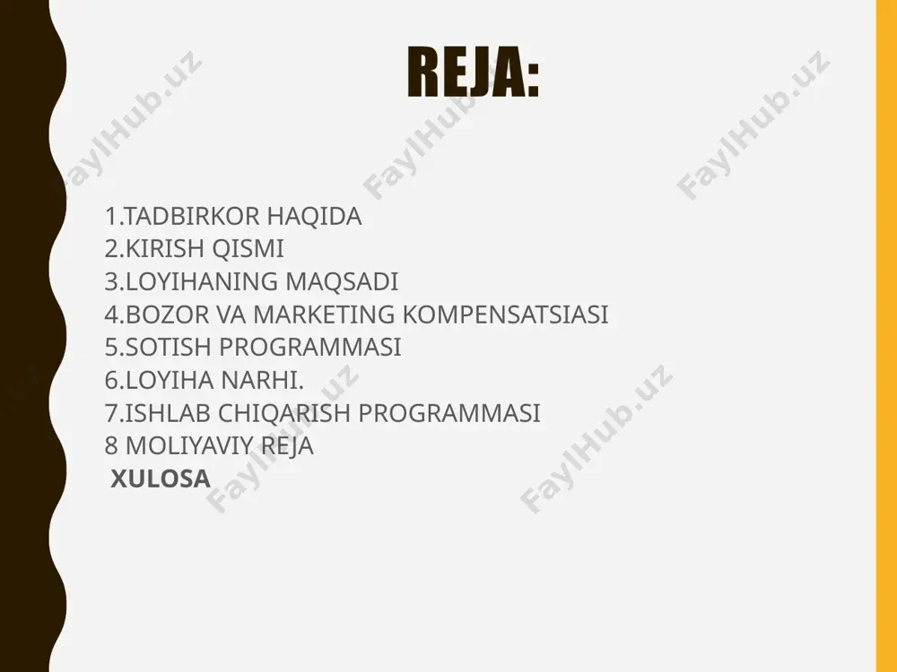 yimlari, kiyim-kechak maxsulotlari va boshka maxsulotlar ishlab chikaradi.. karmana tumanida faoliyat kursatayetgan maishiy xizmat uylaridagi tikuvchilik sexlari, asosan yakka buyurtmalar buyicha ishlashadi. yuqorida, kursatilgan korxonalar ishlab chikaradigan tikuvchilik maxsulotlari, loyixa tashabbuskori amalga oshirmokchi bulgan bozor segmentida emasligi, ularning potensial rakobatchi sifatida kabul kilinmaslikka asosdir. asosiy rakobatchilar viloyatdan tashkarida faoliyat kursatishadi. shuning uchun navoiy shaxrida ichki va tashki iste’mol bozorlarining talabiga, sifati jixatidan tulik javob beradigan tikuvchilik maxsulotlarini ishlab chiqarishni tashkil etish maqsadga muvofik bo’ladi. statistika ma’lumotlariga ko’ra, buxoro viloyatining axoli soni 01.09.99 yilda 1 155 200 kishini, buxoro tumanida axoli soni 329000 kishini tashkil etdi. xar yili viloyatda urtacha xisobda 15500dan 16000gacha yangi oila kurilganligi tugrisida guvoxnoma beriladi. ushbu rakam, tikuvchilik maxsulotlariga axoli tomonidan muayyan talabning mavjudligini kursatadi. chunki axoli ichida, yangi oila kurgan va kurayetgan yeshlar tikuvchilik maxsulotlarining asosiy xaridoridir. bundan tashkari tikuvchilik maxsulotlariga savdo korxona va tashkilotlari, firmalari xam ushbu maxsulotning potensial xaridorlari xisobla buxoro shaxrida tikuvchilik maxsulotlarini …