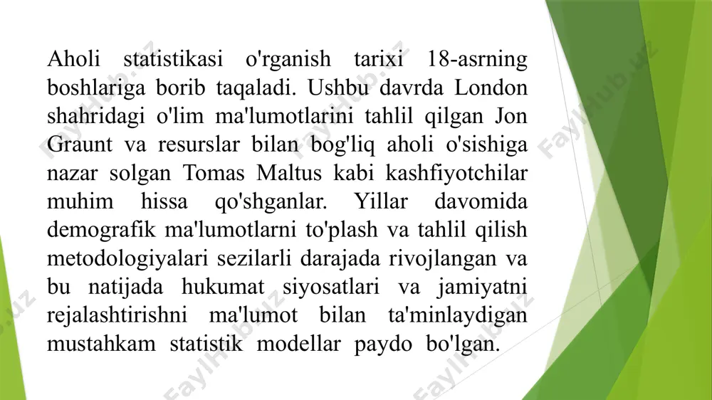 n bog‘liq. bu jarayonlar, o‘z navbatida, mamlakatlar o‘rtasidagi iqtisodiy aloqalarni mustahkamlashga yordam beradi. xulosa aholining tabiiy harakati statistikasi bo‘yicha olib borilgan tadqiqotlar natijalari, demografik o‘zgarishlarni chuqur tushunishga yordam beradi. ushbu tadqiqot davomida tug‘ilish va o‘lish ko‘rsatkichlari, iqlim ta’siri va aholi harakati bilan iqtisodiy o‘sish o‘rtasidagi bog‘lanish tahlil qilindi. tug‘ilish va o‘lish ko‘rsatkichlari tahlilida, demografik o‘zgarishlarni belgilovchi asosiy elementlar sifatida qaralgan bo‘lib, bu ko‘rsatkichlar aholi salomatligining va iqtisodiy barqarorlikning muhim indikatorlari sifatida e’tiborga olindi. iqlim o‘zgarishlari aholi o‘sishi va migratsiya jarayonlariga ta’sir qilishi, ijtimoiy-iqtisodiy sharoitni o‘zgartirishi mumkin. bularning barchasi aholi tabiatining o‘zgaruvchan va murakkab tabiatini ko‘rsatadi. foydalanilgan adabiyotlar 1. umarov, a. demografiya va aholini ro‘yxatga olish: statistik usullar. o‘zbekiston respublikasi fanlar akademiyasi, 2021 2. siddiqov, b. aholi harakati va iqtisodiy o‘sish: o‘zaro bog‘lanish. o‘zbekiston iqtisodiyot jurnali, 2022 3. jalilov, n. iqlim o‘zgarishlari va aholi ko‘rsatkichlariga ta'siri. ekologiya va inson sog‘ligi jurnali, 2020 4. mahmudov, d. tug‘ilish va o‘lish ko‘rsatkichlari: tahlil va …