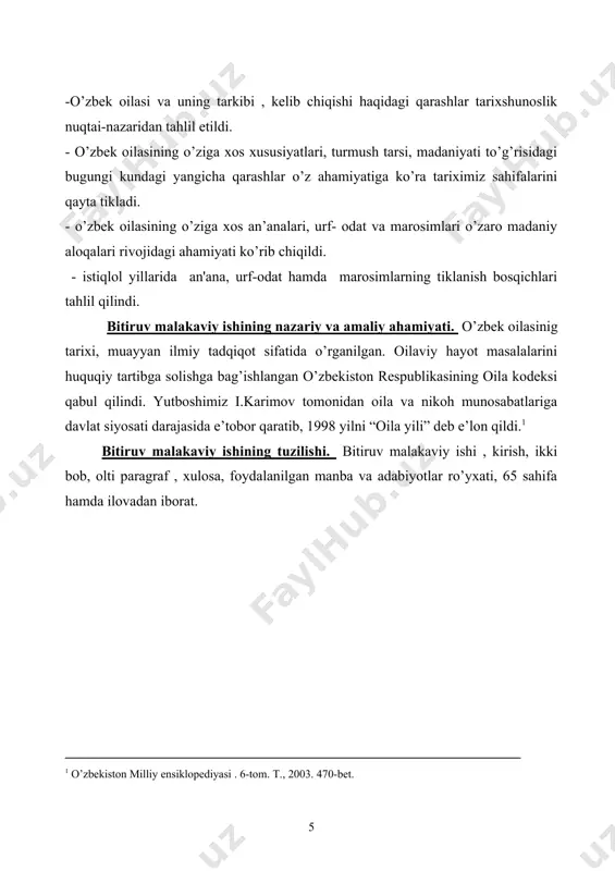 ng tarkibi 1.1. oila tushunchasi, oilani tashkil bo’lishi va uning tarkibi oila –nikohga yoki tug’ishganlikka asoslangan kichik guruh. uning a’zolari ro’zg’orning birligi , o’zaro yordami va ma’naviy mas’uliyati bilan bir-biriga bog’langan. oilaning eng muhim ijtimoiy vazifalari – inson zotini davom ettirishdan, bolalarni tarbiyalashdan, oila a’zolarining turmush sharoitini va bo’sh vaqtlarini samarali uyushtirishdan iboratdir. oilaviy munosabatlar mustaqil xodisa sanalsa-da, jamiyatdagi mavjud ijtimoiy, iqtisodiy, mafkuraviy munosabatlar bilan belgilanadi va ular ta’sirida o’zgarib boradi. oila jamiyat tarixida azaldan mavjud bo’lmagan. ibtidoiy jamoa tuzumining birinchi bosqichida , kishilar to’da-to’da bo’lib yashagan davrda jinslar orasidagi munosabatlar muayyan tartib-qoidaga ega bo’lmay, to’dadagi barcha erkaklar va ayollar bir-birlariga umumiy er xotin hisoblangan. tarixiy taraqqiyot jarayonida jinsiy munosabatlar asta sekin muayyan tartibga solina boshlandi. dastlab ota-ona bilan farzandlar, so’ngra aka-uka va opa- singillar orasidagi jinsiy munosabatlar taqiqlanib guruhli oila paydo bo’lgan. oila xalqning jamiyatning hayoti, turmushiga oid urf-odatlarni o’zida sinovdan o’tkazadi. yaxshilarni o’z bag’ida asrab-avaylab kelajak avlodlarga etkazadi. …