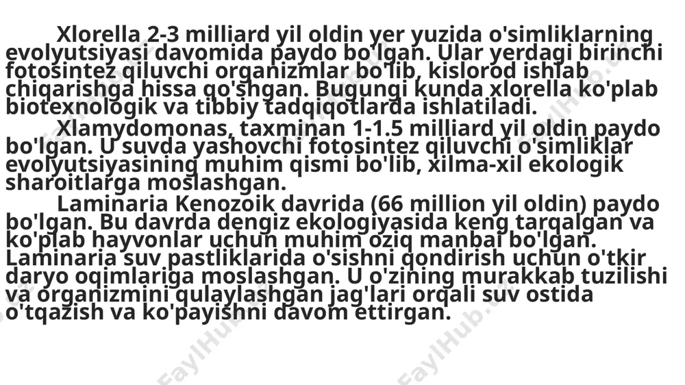 ira (porphyra) —suvda yashovchi qizil suvo’tlar guruhiga mansub o‘simliklarning bir turi. porfira asosan dengizlarda va suv pastliklarida joylashgan, bir necha xil turlari mavjud. porfira yaproqlari yassilangan va ayrim hollarda teshiklari bilan ajralib turadi. ularning yuqori qismi yumshoq va qalin. porfira ko‘plab dengiz hayvonlari, masalan, baliqlar va mollyuskalar uchun muhim oziq-modda manbai hisoblanadi. ular ekosistemalardagi biya ozuqa zanjirlarining muhim qismidir va boshqa organizmlar uchun yashash joyi ta'minlaydi. porfira asosan osiyoning ayrim hududlarida, xususan, yaponiyada, oziq-ovqat mahsuli sifatida qo'llaniladi. sushi va boshqa an'anaviy taomlar uchun ishqalanadi. porfira asosan toza va sovuq suvli joylarda o'sadi, ba'zan qirg'oq oldi to'siqlarda yoki toshlarga yopishib o'sadi. ular odatda dengizning qorong'u va sho'r muhitida yashaydi. diatom suvo’tlar diatom suvoʻtlar (yun. diatomos -teng ikkiga boʻlingan) — kremniyli suvoʻtlar (bacillariophyta); suv-oʻtlar boʻlimiga mansub. 20 mingga yaqin turi bor. diatom suvo’tining mikroskopik (0,75— 1500 mkm), bir hujayrali, yakka yoki kolonial formalari mavjud. diatom suvo’ti hujayralari kremniyli ikki pallali qattiq qobiq …
