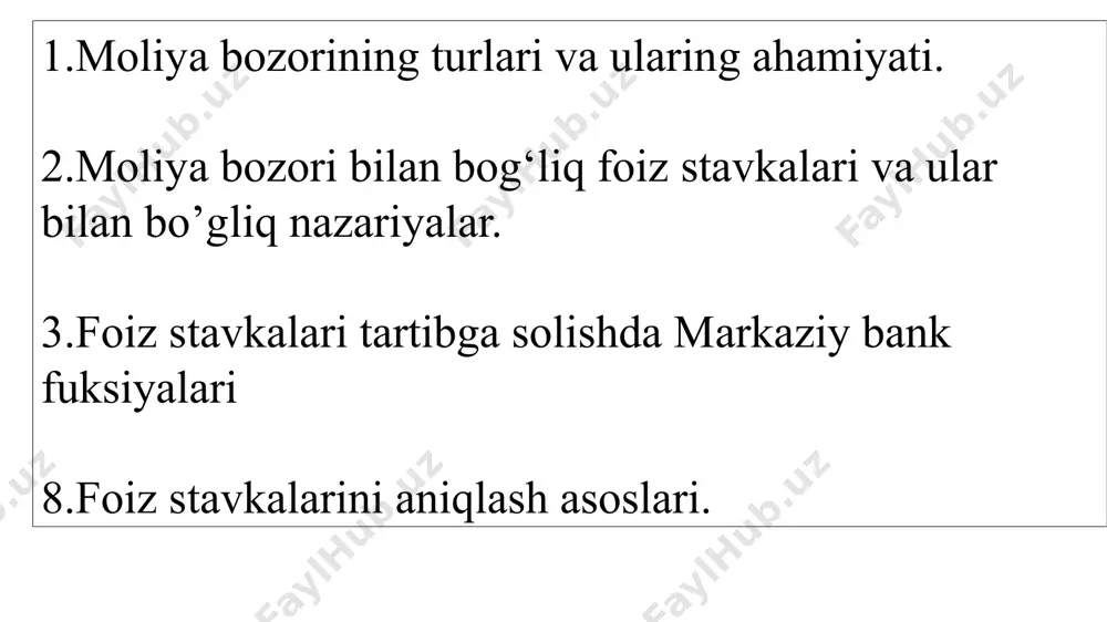 pul taqchilligi bo'lsa, uni moliyaviy vositachi yoki kreditordan qarzga oladi bilvosita moliyalashtirish moliya tizimining tarkibiy qismlari moliyaviy instrumentlar oldi-sotdi jarayoni amalga oshiriladigan maxsus bozor moliyaviy bozorlarda sotiladigan mahsulotlar bu ikki tomon o'rtasida moliyaviy operatsiyalarni amalga oshirishga yordam beradigan institut moliyaviy vositachilar tomonidan ko’rsatiladigan barcha xizmatlar moliya bozorlari moliya institutlari moliyaviy aktivlar moliyaviy xizmatlar moliya bozorlari nima? moliya bozori - moliyaviy instrumentlar oldi-sotdi jarayoni amalga oshiriladigan maxsus bozor. moliya bozori aholi jamg’armalarini investitsiyalarga aylantirishning asosiy mexanizimi hisoblanib, u investor va jamg’aruvchi manfaatlarining o’zoro muvofiqligini ta’minlaydi. moliya bozorining zamonaviy ma’nosi inglizcha “financial market” so’zidan olingan bo’lib, moliya bozori- bu qimmatli qog’ozlar, obligatsiyalar va boshqa qimmatli qog’ozlarni sotib olish va sotish mumkin bo’lgan bozor hisoblanadi. moliya bozorlari barcha turdagi qimmatli qog'ozlar bilan savdo qiladi va kapitalistik jamiyatning barqaror ishlashi uchun juda muhimdir. moliya bozorlari inqirozga uchraganida, iqtisodiy tartibsizlik, ya’ni iqtisodiy pasayish va ishsizlik paydo bo'lishi mumkin. moliya bozorlari kapitalistik iqtisodiyotda resurslarni taqsimlash va …