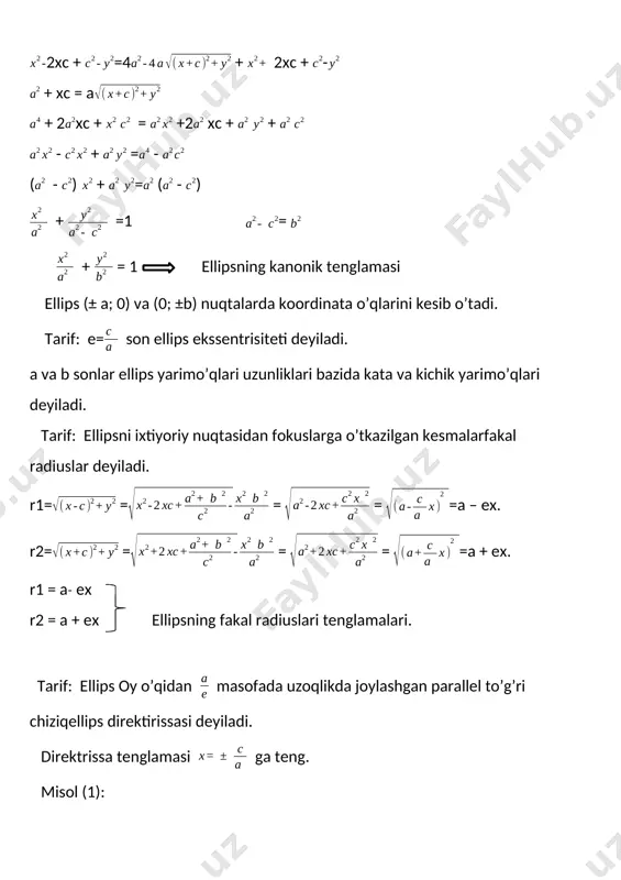 a tusirilgan perpendicular kesmaning o’rtasi parabo’laning uchi deyiladi. parabo’lani kanonik tenglamasini chiqarish uchun parabo’la uchini koordinata boshin deymiz. direktrissaga parallel chiziqni koordinata chiziqlaridan birini olamiz. = y + - py + = + py + = 2py shundan malumki bu parabola oy ga nisbatan simmetrik. shu uchun xam oy o’qiga simmetrik bo’lgan parabolaning kanonik tenglamasi deyiladi. = 2px bu ox o’qiga nisbatan simmetrik bo’lgan parabolaning kanonik tenglamasi. parabolaning fokusi va ixtiyoriy nuqtasini tutashtiruvchi kesma uning fakal radiusi detiladi. r = = = = = y + r = y + parabolaning fokal radiusi. parabolaning ekssentrisiyeti e = 1 ga teng. isbot: e = c = a = e = = 1 demak e = 1 giperbola ixtiyoriy nuqtasidan berilgan ikkita nuqtagacha bo’lgan masofalar ayirmasining absalyut qiymati o’zgarmas son 2a ga teng bo’lgan ikkinchi tartibli chiziq giperbola deyiladi. giperbolaning kanonik tenglamasini hosil qilish uchun berilgan ikkita nuqta yani fokuslari orqali ox …