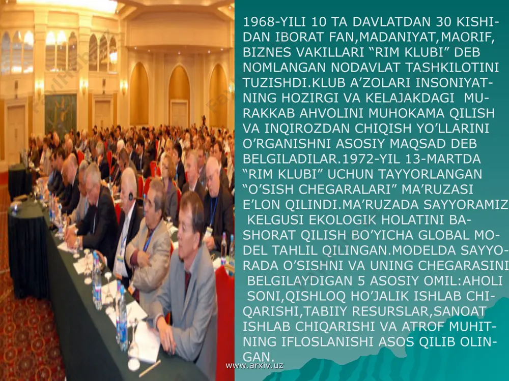 rof- muhit ancha ayanchli holga tushib qolgan mamlakatlarda esa bu ko’rsatgich 4-5%dan kam bo’lmasligi kerakligi ta’kidlanadi.ekologik ta’lim tarbiyani rivojlan- tirish,jamoatchilik rolini oshirish,ekologik texno- logiyalarni joriy qilish barqaror rivojlanishni ta’minlashda muhim ahamiyatga egadir. www.arxiv.uz www.arxiv.uz hozirgi vaqtda tabiat va inson hayotining ekolo- gik xavf ostida qolish jarayoni yanada murak- kablashib,mushkullashib bormoqda.atrof-muhit bilan jamiyat o’rtasidagi aloqalar muvozanati- ning buzilishi tabiiy holatga putur yetkaz- moqda.yer yuzi tabiat- ning barqarorligi,tur- g’unligi va uning o’ziga xos qonunlarini insoni- yat tomonidan buzilishi- ning asosiy sabablaridan biri kishilarning atrof- muhit muhofazasi haqida- gi bilimlarining yetish- masligi hamda tabitning kelajakdagi ekologik holatini ko’ra bilmaslik- laridir. www.arxiv.uz www.arxiv.uz o’zbekistonda “tabiatni muhofaza qilish to’g’risi- da”gi qonunda “…barcha ta’lim muassalarida ekolo- gik ta’lim majburiy”deb bel- gilangan.o’rta maktab,lit- sey va kollejlarda ekologi- ya bo’yicha alohida fan o’qitilishi zarurdir.bu barqaror rivojlanish uchun ta’limning asosini tashkil qilishi lozimdir. bmt barqaror rivojlanish uchun ta’limni 2005-2014- yillar davomida har bir mamlakatda amalga oshi- rishni rejalashtirgan.21- asr …