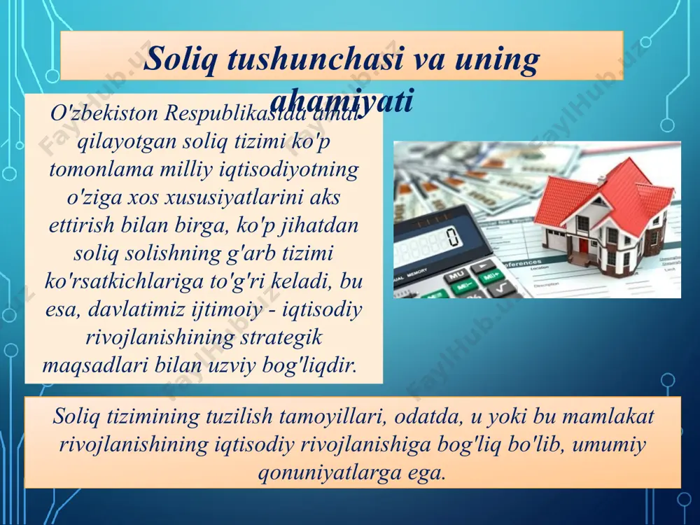 lag'larning keskin kamayishiga sabab bo'ladi. soliqning ma'muriylashtirish tashkiliy-huquqiy unsurlarining muvozanatlashuviga, nazoratning shakl va uslublariga ham katta e'tibor qaratiladi. soliq institutlarining yuzaga kelishi davlat va bozor infratuzilmasi mavjudligi hamda ularning ishlashi bilan bog'liq ob'ektiv zaruriyat natijasidir. agar sobiq rejali taqsimot tizimi doiralarida korxonalar foydasining turli ishlab chiqarish fondlarini shakllantirishdan qolgan qismi byudjetga o'tkazilag bo'lsa, bozor iqtisodiyoti soliq munosabatlarining ahamiyatliligini hokimiyat organlarini moliyaviy mablag'lar bilan ta'minlash usuli sifatida, iqtisodiy jarayonlarga taraqqiy etgan davlatning ta'sir ko'rsatuvchi muhum unsuri sifatida belgilab berdi. soliqlar huquqining paydo bo'lishi va rivojlanishi jamiyatning demokratlashuvi, huquqiy davlat g'oyasi bilan bog'liqdir. soliq solish huquqiy tabiat nuqtai -nazaridan ijtimoiy ishlab chiqarish bilan davlat o'rtasidagi mulkiy munosabatlarni tartibga solish, ularni muayyan doiraga kiritish chora - tadbiridir. soliq huquqning asosiy vazifasi mulkchilik huquqini davlatning noqonuniy va cheklanmagan da'vo, talablaridan himoyalash, soliq to'lovchi bilan davlat manfaatlari muvozanatini saqlab turishdir. soliq huquqining rivojlanishida ijtimoiy- iqtisodiy muhit soliqqa tortishda yuzaga keladigan huquqiy munosabat qarz va qarzdor …
