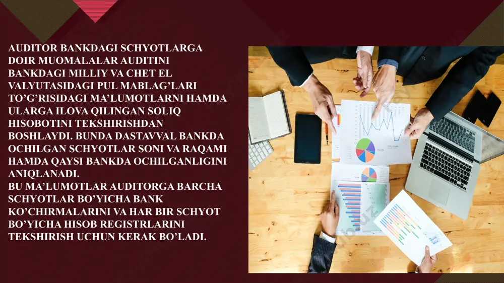 or qaratishi lozim. bunday holatlar faqat sud qarori, bevosita qonun ko’rsatmalari, mijozning bank shartnomasi asosida amalga oshirilishi mumkin. bankdagi schyotlar bo’yicha muomalalar o’zbekiston respublikasi soliq qonunchiligiga muvofiq soliqlar yoki yig’imlarni undirish to’g’risidagi qarorni ta’minlash uchun to’xtatilishi mumkin. ushbu cheklashlar o’zbekiston respublikasi fuqarolik kodeksiga muvofiq ijro qilish navbati soliq to’lashga doir majburiyatlardan oldin to’lanadigan to’lovlarga taalluqli emas. bankdagi muomalalarni to’xtatish soliq organidan bunday muomalalarni to’xtatish to’g’risidagi qaror olingan paytdan to ushbu qaror bekor qilingunga qadar amal qiladi. образец заголовка ‹#› 5 buxgalteriya hisobotining ishonchliligini tasdiqlash uchun undagi ko’rsatkichlarning sintetik va analitik hisob, bank ko’chirmasi ma’lumotlariga mosligini tekshirish kerak. tekshiruv jarayonida bajariladigan amallar auditorning ishchi hujjati bilan rasmiylashtiriladi. tafovutlar aniqlanganida farq summalarini ko’rsatish va ularning sabablarini ochib berish zarur. shunday qilib, bankdagi 5110 «hisob-kitob schyoti», 5210 «mamlakat ichidagi valyuta schyotlari», 5220 «xorijdagi valyuta schyotlari», 5510«akkreditivlar», 5520 «chek daftarchalari» va 5530 «boshqa maxsus schyotlar» bo’yicha amalga oshirilgan bank muomalalarini tekshirishda quyidagilarni amalga oshirish …