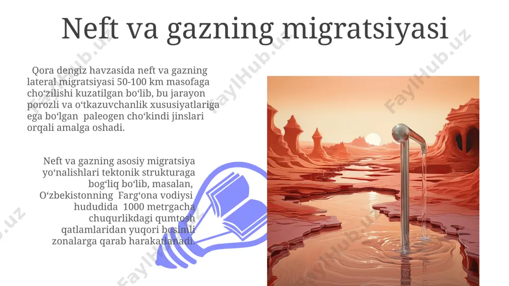 va meksika ko‘rfazi kabi hududlarda keng tarqalgan plankton va dengiz o‘simliklari hosil qilgan qalin organik qatlamlar hosil bo‘lishini ko‘rsatadi. metagenez jarayoni va uning ta'siri metagenez jarayonining intensivligi har xil geologik sharoitlarda farq qiladi; masalan, qora dengiz mintaqasida yiliga o'rtacha 0,5 mm cho'kindi jinslar yig'ilib, yuqori organik moddalar miqdori bilan ajralib turadi. metagenez jarayoni davomida 100 million yildan ortiq vaqt davomida organik moddalarning chuqurlikdagi, taxminan 2-4 km chuqurlikdagi, yigʻilish jarayoni natijasida, masalan, xazardengiz havzasida katta neft va gaz konlari hosil bo'ladi. geofizik usullar yordamida qidiruv va qazib olish gravitatsion va magnitometrik usullar 1000 kvadrat kilometr maydonda yer ostidagi tuzilmalar haqida ma'lumotlarni to'plashda, shu jumladan, neft va gaz konlarining chuqurligini aniqlashda qo'llaniladi. geofizik usullar, masalan, seysmik tadqiqotlar yordamida 3d modellashtirish orqali o'zbekistonning farg'ona vodiysidagi 2000 metr chuqurlikdagi neft va gaz konlarini aniqlash mumkin. kelajakdagi istiqbollar va tadqiqotlar kelajakdagi tadqiqotlar neft va gaz konlarining 3d geologik modellashtirishini, sun'iy intellekt algoritmlaridan foydalanishni va o'zbekistonning …