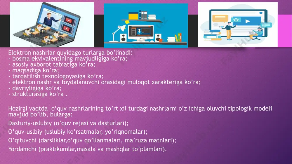 electron nusxasi; - mustaqil elektron o’quv nashr – bosma ekvivalentga ega bo’lmagan o’quv nashr; asosiy axborot tabiatiga ko’ra elektron nashrlar quyidagi turlarga bo’linadi: - matnli (belgili) – asosan matnli ma’lumotni saqlaydi; - tasviriy electron nashr – asosan grafik tasvirlardan iborat ma’lumotlarni saqlaydi; - ovozli elektron nashr – ovozli axborotlarning raqamli ifodasini saqlaydi; -dasturiy mahsulot – mustaqil bajariluvchi kod; - multimediyali electron nashr- turli tabiatdagi axborotning o’zaro bog’langan majmuasi tarqatilish texnologiyasiga ko’ra: - local electron nashr- ma’lum tirajda ishlab chiqariluvchi va local tarzda ishlatiluvchi axborot tashuvchida joylashtirilgan electron nashr; - tarmoq electron nashri – chegaralanmagan foydalanuvchilar ommasi uchun mo’ljallangan telekommunukatsion tarmoq orqali tarqatiluvchi elektron nashr; - kombinatsiyalashgan electron nashr- ham local, ham tarmoq orqali tarqatiluvchi electron nashr. foydalanuvchi va electron nashr orasidagi muloqot xarakteriga ko’ra: - mazmun va undan foydalanish uslubi foydalanuvchi tomonidan o’zgartirilmaydigan elektron nashrlar; - mazmun va foydalanish uslubi tanlanishi mumkin bo’lgan elektron . yaratilish texnologiyasiga ko’ra electron nashrlar …