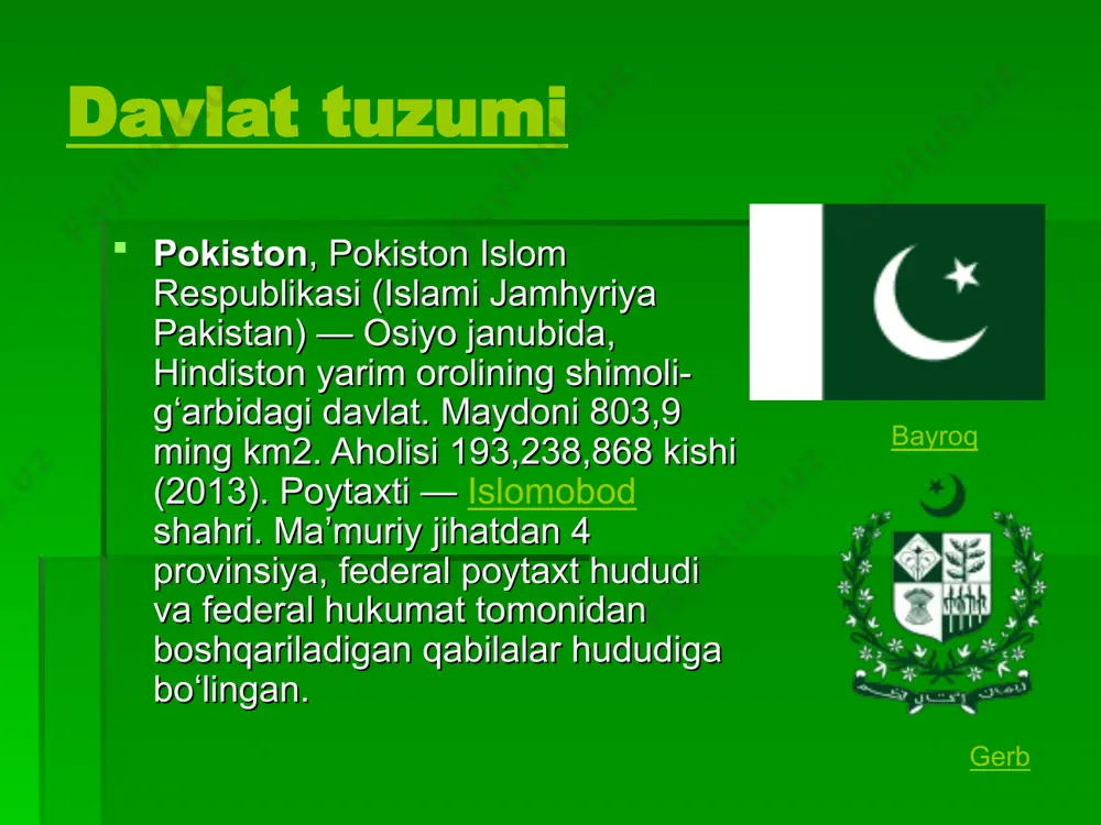 a prezident m.r.tararni lavozimidan chetlatdi, oʻzini mamlakat prezidenti deb eʼlon qildi. p. — 1947 y.dan bmt aʼzosi. oʻzr suvereni-tetini 1991 y. 20 dek.da tan olgan va 1992 y. 10 mayda diplomatiya munosa-batlari oʻrnatgan. milliy bayrami — 14 avg . — mustakillik kuni (1947). siyosiy partiyalari va kasaba uyushmalari. p. xalq partiyasi, 1967 y. asos solingan; p. milliy xalq partiyasi, 1986 y. tuzilgan; p. musulmonlar ligasi, 1906 y. tashkil etilgan; p. demok-ratik partiyasi, 1969 y. asos solingan; jamoati islomiy, oʻta oʻng diniy jamoa partiyasi, 1941 y.da tuzilgan. umumpokiston kasaba uyushmalari fe-deratsiyasi, 1947 y.da tuzilgan; qavmiy mazdur mahaz („milliy ishchi fron-ti“), 1961 y.datuzilgan; p. mehnatxalq byurosi, 80-y.larning oʻrtalarida p. xalq partiyasining ishchilar harakatidagi qanoti sifatidatuzilgan; p. milliy ishchi federatsiyasi, 1968 y.da tu-zilgan; p. milliy kasaba uyushmalari federatsiyasi, 1962 y. 60 ga yaqin yi-rik f-ka kasaba uyushmalarining birlashishidan tashkil topgan. sanoati p.ga mustamlakachilik davridan bir necha kichik toʻqimachilik f-kasi, qand z-di, t.y. va …