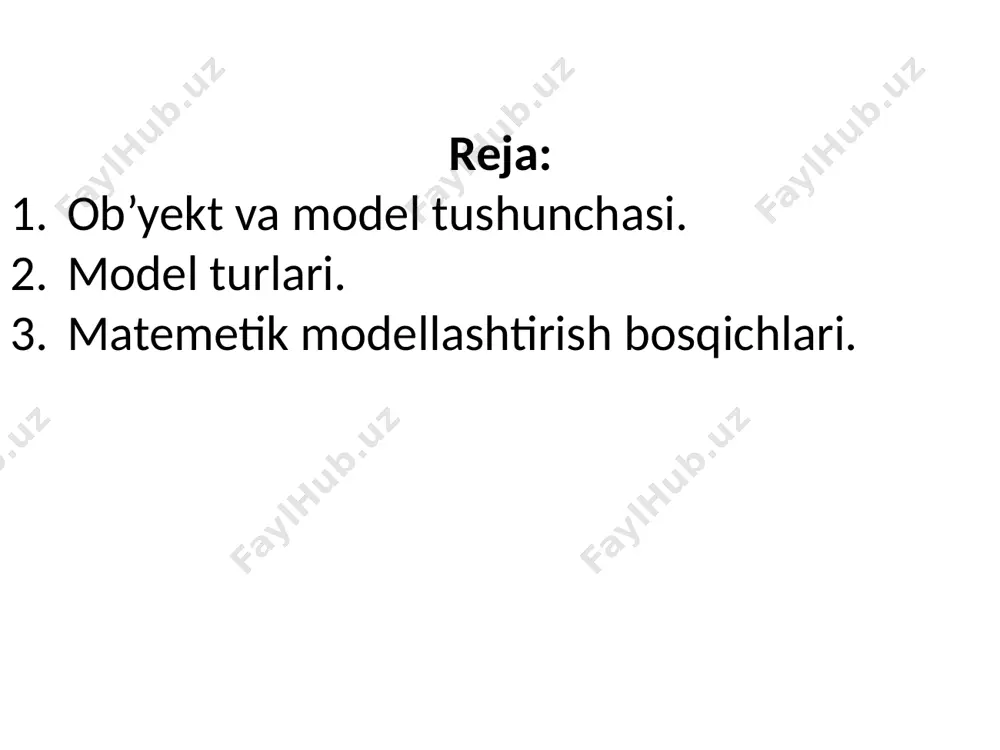 larini aks ettiruvchi modellar gomomorf modellar deyiladi. matematik model qurish va uni yechish jarayoni matematik modellashtirish deyiladi. mm quyidagi sinflarga bo’linadi: vaqt bo’yicha o’zgarmas modellar- statik modellar; vaqt bo’yicha o’zgaruvchi modellar- dinamik modellar; ham fazoda, ham vaqt bo’yicha o’zgaruvchi modellar- tarqoq modellar; statik modellarda tekshirilayotgan ob’ekt vaqtga bog’liq bo’lmagan holda qaraladi, ya’ni masalaning yechimi vaqtga umuman bog’liq emas. bu holda ob’ekt fazoviy koordinatalarga bog’liq ravishda o’rganiladi. dinamik modelda esa aksincha, ob’ekt faqat vaqtga bog’liq ravishda o’rganiladi. ob’ektni matematik ifodalashda analitik, eksperimental va aralash usullardan foydalaniladi. analitik usul - fizika, ximiya, biologiya kabi fanlar qonunlaridan foydalanadigan masalalarning matematik ifodasini tuzishga mo’ljallangan. analitik usulda matematik ifodalash uchun ob’ekt ustida tajribalar o’tkazish shart emas. tuzilgan matematik ifodalarning murakkabligi analitik usulning kamchiligidir. eksperimental usulda ob’ekt ustida tajribalar o’tkazish kerak bo’ladi. bu usulning yutug’i – ob’ekt xossalarini qisman o’rganib chiqishdan iborat bo’lsa, kamchiligi – ayrim ob’ektlar ustida uzoq vaqt, har xil sharoitlarda ko’p sonli tajribalar …