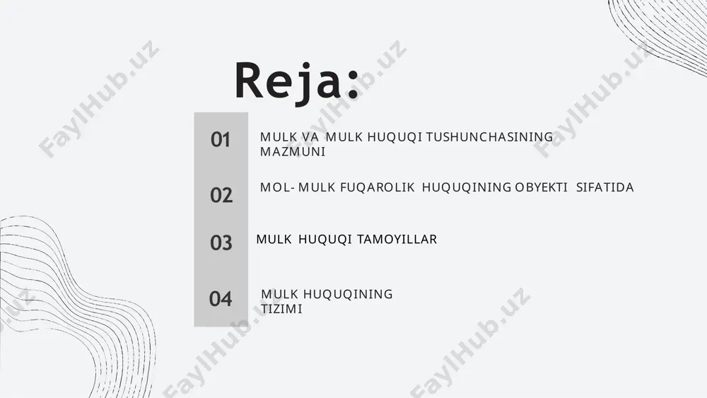 a jamiyatning erkiga mulk huquqining subyektlari jismoniy shaxslar yuridik shaxslar davlat mulk huquqi elementlari egalik qilish foydalanish tasarruf etish j ismiy amaliy( faktik) huquqiy egalik qilish mulkni egallash huquqi mulkni qo‘lda yoki unga nisbatan o‘z huquqlarini amalga oshirishga imkon beruvchi biror joyda saqlab turishdir. egalik qilish qonuniy g’ayriqonuniy mazkur mulk huquqining elementi orqali shaxs o‘ z moddiy va ma’ naviy ehtiyojini qondiradi. aynan mazkur xususiyati tufayli shaxslar mulk sohibi bo‘ l ishga intiladilar. foydalanish mulkdan foydalanish huquqi – mulkning foydali xususiyatlarini o‘ zlashtirish, mulkdan iqtisodiy ma’ noda foyda ko‘ r ishdir. tasarruf etish begonalashtirish foydalanishga berish o’zgartirish yo’q qilish thank' s for watching image1.png image3.png image4.png image5.png image6.png image7.png image8.png image9.png image10.png image11.png image12.png image13.png image18.png image19.png image20.png image21.png image22.png image23.png image24.png image25.png image26.png image27.png image28.png image29.png image30.png image31.png image32.png image33.png image42.png image43.png image44.png image45.png image46.png image34.png image35.png image36.png image37.png image38.png image39.png image40.png image41.png image47.png image48.png image49.png image50.png image51.png image52.png …