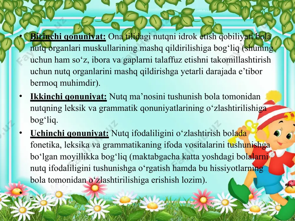 , aniq maqsadni ko‘zlagan holda rivojlantirish, ularning atrof-olam haqidagi eng oddiy bilimlarni va tegishli lug‘atni o‘zlashtirish, nutqiy mahorat va ko‘nikmalarni shakllantirish jarayonidir. maktabgacha yoshdagi bolalarni o‘qitishning asosiy shakli – mashg‘ulotlardir. 10 didaktik maqsadlar bo‘yicha quyidagi mashg‘ulotlar turlarini ajratib ko‘rsatish mumkin: yangi materialni ma’lum qilish mashg‘uloti; bilimlar, mahorat va ko‘nikmalar mustahkamlashga oid mashg‘ulotlar; bilimlarni umumlashtirish va tizimlashtirishga oid mashg‘ulotlar; yakuniy mashg‘ulotlar yoki hisob-tekshiruv (nazorat) mashg‘ulotlari. bolalarga ona tilini o‘qitishga doir mashg‘ulotlar har bir guruhda bolalarning yosh imkoniyatlarini va har bir bolaning nutqiy rivojlanganlik darajasini hisobga olgan holda amalga oshirilishi lozim. 1 yoshdan 3 yoshgacha bo‘lgan bolalar nutqini rivojlantirishga doir mashg‘ulotlarni didaktik o‘yinlar, ermak o‘yinlar, sahna ko‘rinishlari shaklida o‘tkazish tavsiya qilinadi. ular nafaqat ko‘ngilochar tusga, balki albatta, ta’lim tusiga ega bo‘lishi lozim. 3 yoshdan 5 yoshgacha bo‘lgan bolalar nutqini rivojlantirish emotsional tusga ega bo‘lishi lozim. bunda ko‘rgazmaviylik, o‘yin usullari va didaktik o‘yinlarni keng qo‘llash zarur. 5 yoshdan 7 yoshgacha bo‘lgan bolalar nutqini …
