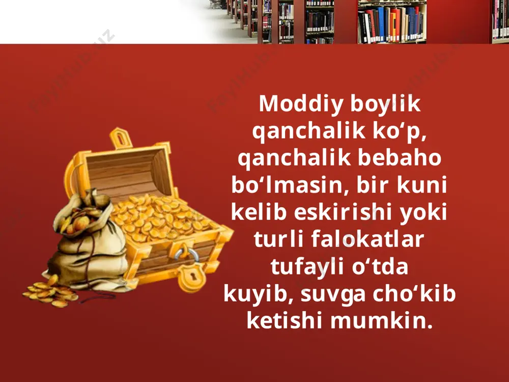rixchisi sarton xi asrni «beruniy asri» deb ta’riflaydi. abu rayhon beruniy bunday yuksak va haqli baho avvalo qomusiy tafakkur sohibi bo‘lmish buyuk vatandoshimizning ilm-fan taraqqiyotiga qo‘shgan beqiyos hissasi bilan izohlanadi». savol va topshiriqlar: 1. moddiy boylik abadiy turishi mumkinmi? 2. ma’naviy boylikni yo‘q qilib bo‘ladimi? 3. «avesto» kitobi nechta qoramol terisiga yozilgan? 4. o‘tda yoqilgan bu kitob butunlay yo‘q bo‘lib ketdimi? 5. mahmud zamaxshariy kim bo‘lgan? 6. rasmlar orasidan abu ali ibn sinoning eng mashhur asarini ko‘rsating? image2.jpeg image3.png image4.png image5.png image6.jpeg image7.jpeg image8.jpeg image9.jpeg image10.jpeg image11.jpeg image12.jpeg image13.jpeg image14.jpeg image15.jpeg image1.jpeg
