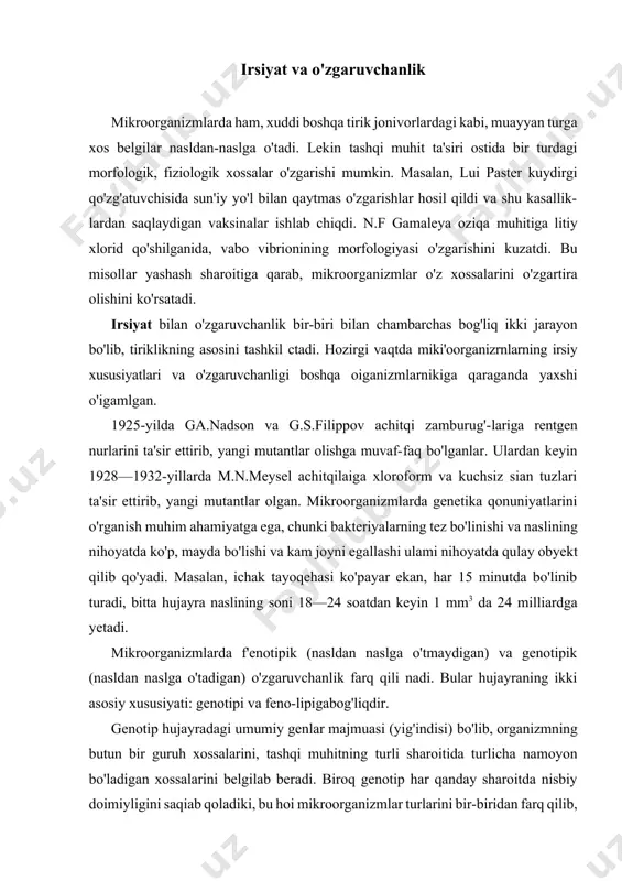 izmning butun bir guruh xossalarini, tashqi muhitning turli sharoitida turlicha namoyon bo'ladigan xossalarini belgilab beradi. biroq genotip har qanday sharoitda nisbiy doimiyligini saqiab qoladiki, bu hoi mikroorganizmlar turlarini bir-biridan farq qilib, ajratib olishga imkon beradi. fenotip har bir individuumdagi morfologik va fiziologik xossa-larning umumiy kompleksidir. fenotip go'yo ma'lum bir konkret yashash sharoitida genotip xarakterining tashqi ko'rinishi ifodasidir. genotip hujayraning umumiy yuzaga chiqishi mumkin bo'lgan xususiyati bo'lsa, fenotip ushbu xususiyatlarning ko'zga ko'rina-digan ifodasidir. dizoksiribonuklein kislotasi (dnk) polimer bo'lib, uning monomerlari nukleotidlardan iborat. har bir nukleotid o'z navbatida purinli asoslardan: adenin, guanindan (a, g); piromidinli asoslardan timin va sitozin (t, s), qand moddasi, dizoksiriboza va fosfat kislota qoldig'idan iborat. dnk molekulasi qo'shaloq spiral bo'lib, uning zanjirlari bir-biriga komplementar joylashgan. zanjirlardan birida a, uning ro'parasida ikkinchi zanjirda t joylashgan bo'ladi; birida g joy-lashsa, ikkinchi zanjirda albatta s bo'ladi. bu degani, dnk mole-kulasidagi zanjirlardan birida nukleotidlar, a, g, s, g, g, g, a, g3 …