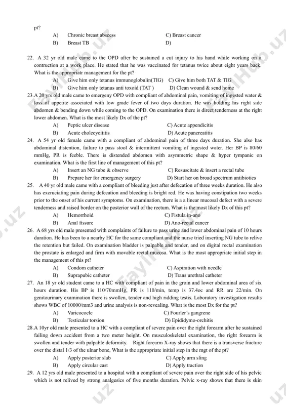 d) advise on life style modification & send him home 13. a 28 yr male came to an em opd with a compliant of shortness of breath of six days duration. he also had pleuritic type of chest pain which improves with leaning forward & worst with supine position, high grade fever & dry cough of four days duration. he is mostly sick looking with bp of 70/50 mmhg, pr of 112/min, rr of 32/min, temp. of 38.7oc . distended neck veins & distal heart are the findings on cardiovascular examination. what is the most likely dx of the pt.? a) severe pneumonia c) pulmonary embolism b) carotide temponade d) spontaneous pneumothorax 14. a 36 yr old male came with compliant of watery diarrhea & vomiting of two days duration. he was being treated with oral antibiotic & ors but has no improvement. three days back he treated to complain …