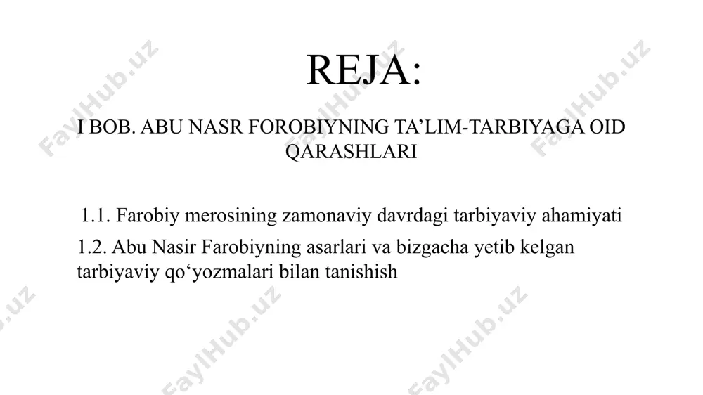 va amaliy asos bo'lib xizmat qilishi mumkin. "havas qilsa arzidigan ulug' ajdodlarimiz bor. havas qilsa arzidigan beqiyos boyliklarimiz bor. va men ishonaman, nasib etsa, havas qilsa arzidigan kelajagimiz, buyuk adabiyotimiz va san'atimiz ham albatta bo'ladi" o'zbekiston respublika prezidenti sh.m.mirziyoyevning 2017-yil 3-avgust kuni o'zbekiston ziyolilari bilan uchrashuvdagi nutqi tadqiqotning maqsadi abu nasr forobiyning shaxs barkamolligi haqidagi qarashlarini o‘rganish, tahlil va tadqiq etish tadqiqotning obyekti yoshlarda abu nasr forobiyning shaxs barkamolligi haqidagi qarashlarining ijtimoiy omillarini o‘rganish, tahlil va tadqiq etish jarayoni. tadqiqotning predmeti abu nasr forobiyning shaxs barkamolligi haqidagi qarashlarining ijtimoiy omillarini o‘rganish, tahlil va tadqiq etishning usul, metod va vositalari. tadqiqotning ilmiy yangiligi yoshlarda abu nasr forobiyning shaxs barkamolligi haqidagi qarashlarining ijtimoiy omillari o‘rganib chiqilganligi va tahlil qilinganligi – bitiruv malakaviy ishi darajasidagi ilk tadqiqotimizning yangiligini asoslovchi omillardan biri hisoblanadi. tadqiqotning vazifalari forobiyning shaxs barkamolligi haqidagi ta'limotining manbalarini o'rganish; forobiy asarlarida shaxs barkamolligi muammosining tahlil etilishini yoritish; shaxs barkamolligi konsepsiyasining mohiyatini …